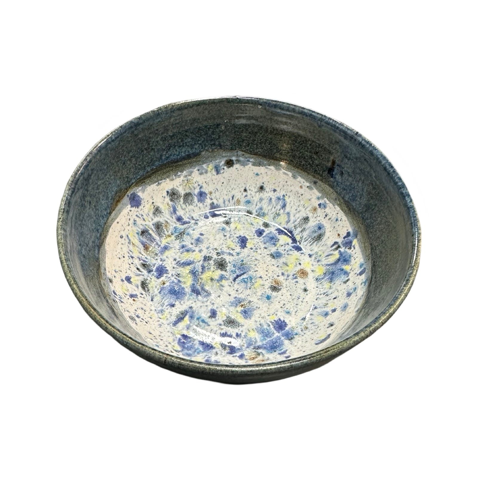 Deep ceramic ramen bowl in navy and white with colour splash design