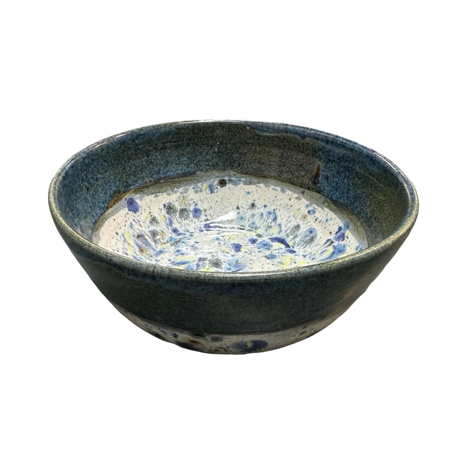 Deep ceramic ramen bowl in navy and white with colour splash design