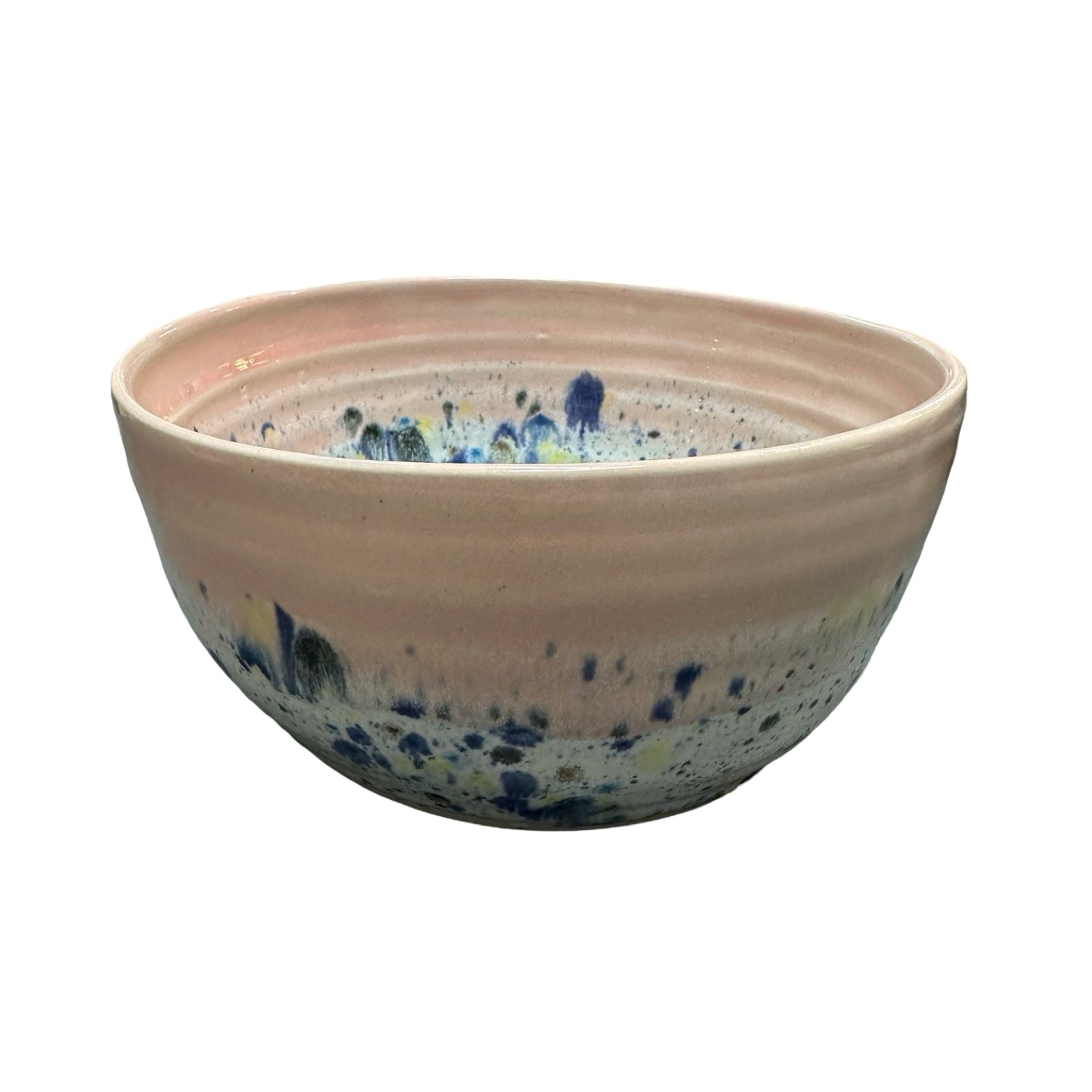 Deep ceramic ramen bowl in pink and white with colour splash design.