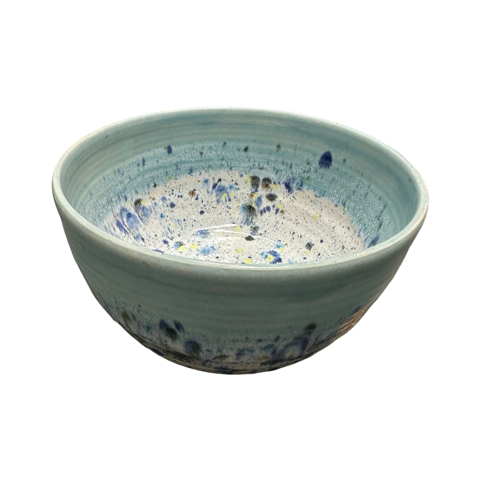 Deep ceramic ramen bowl in turquoise and white with colour splash design.