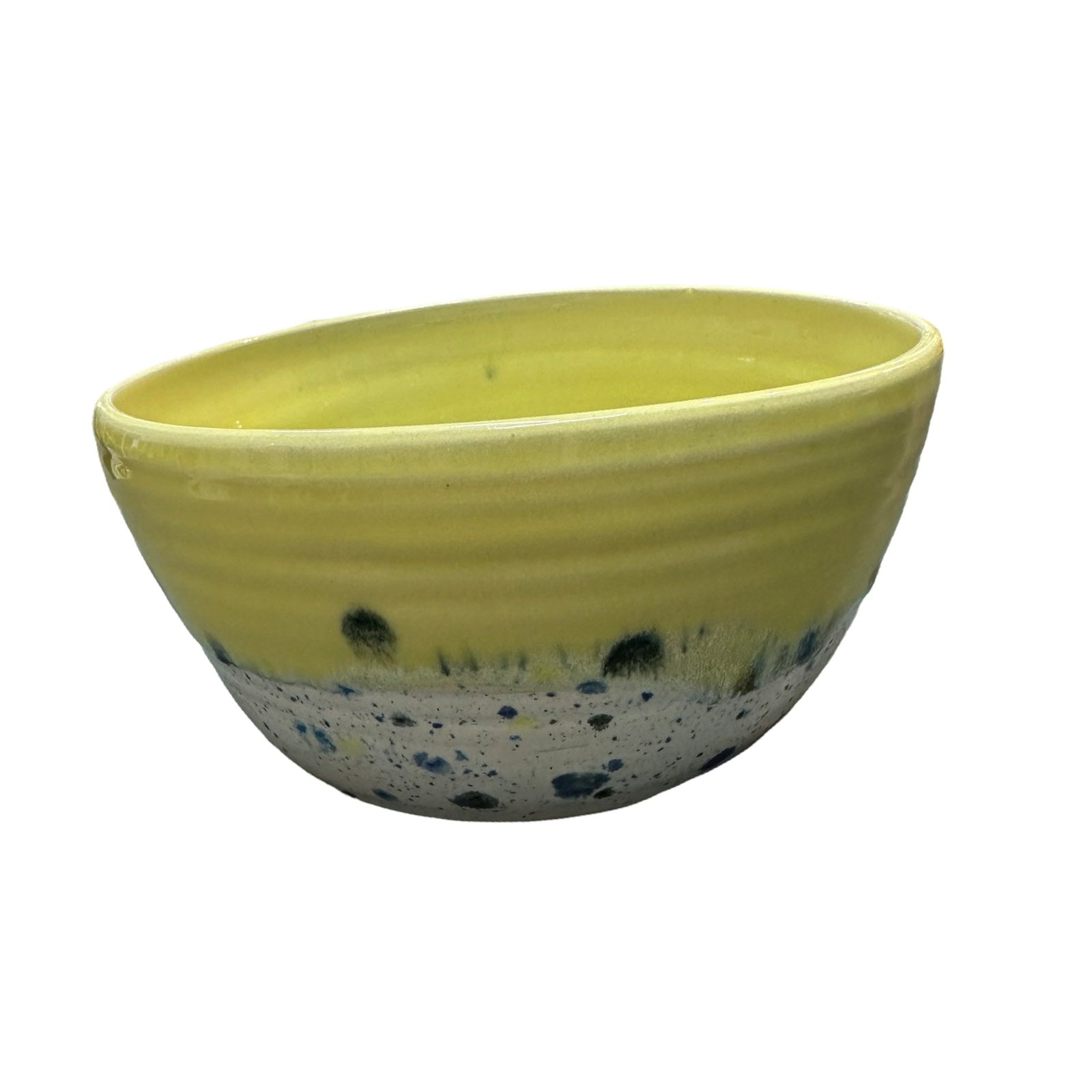 Deep ceramic ramen bowl in yellow and white with colour splash design.