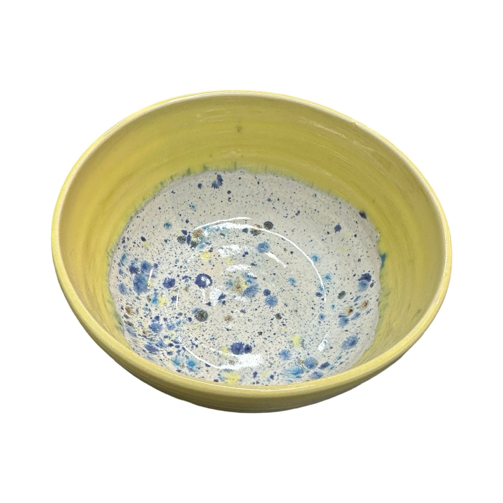 Deep ceramic ramen bowl in yellow and white with colour splash design.
