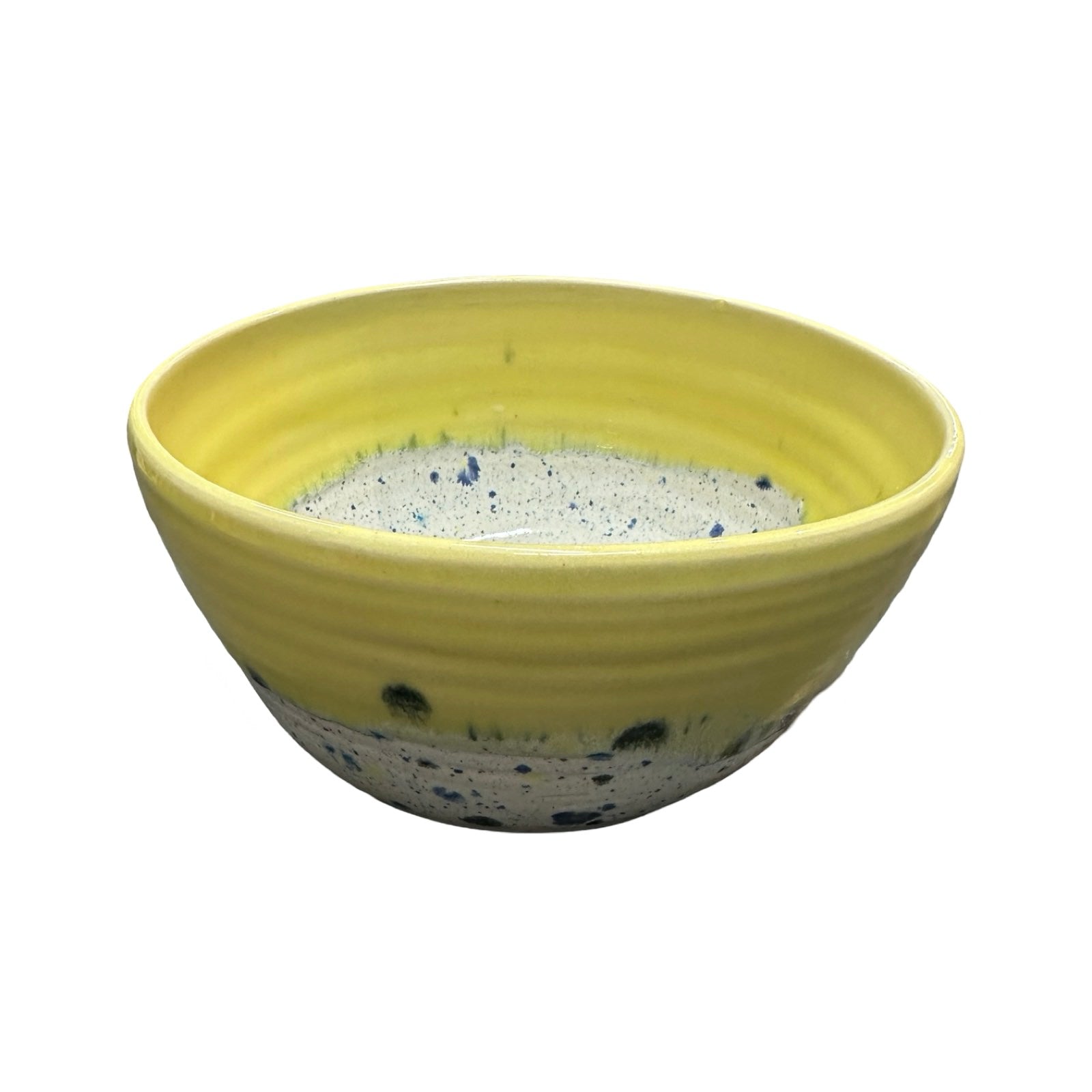 Deep ceramic ramen bowl in yellow and white with colour splash design.