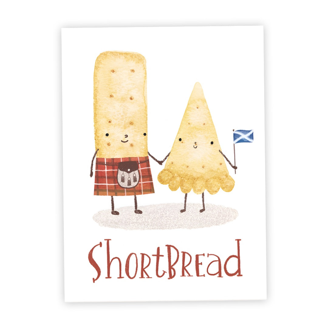 This postcard illustrates a stick of shortbread wearing a red tartan kilt and a triangle of shortbread waving a Scotland flag.
