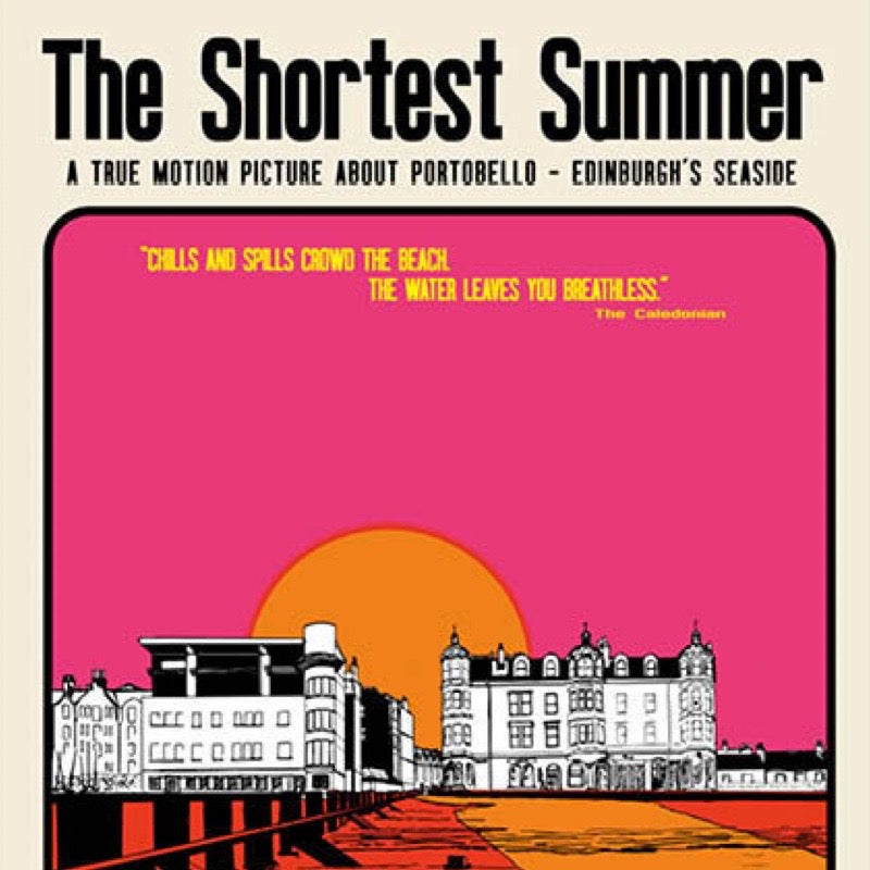 Card featuring an illustration of Portobello near Edinburgh at sunset.