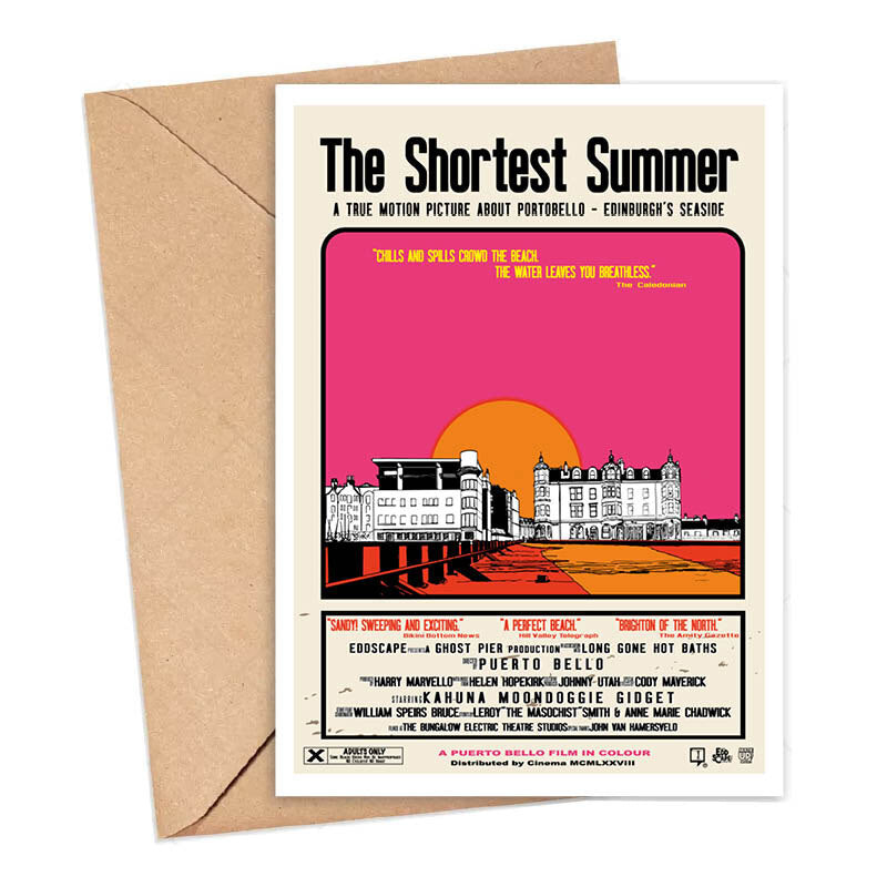 Card featuring an illustration of Portobello near Edinburgh at sunset