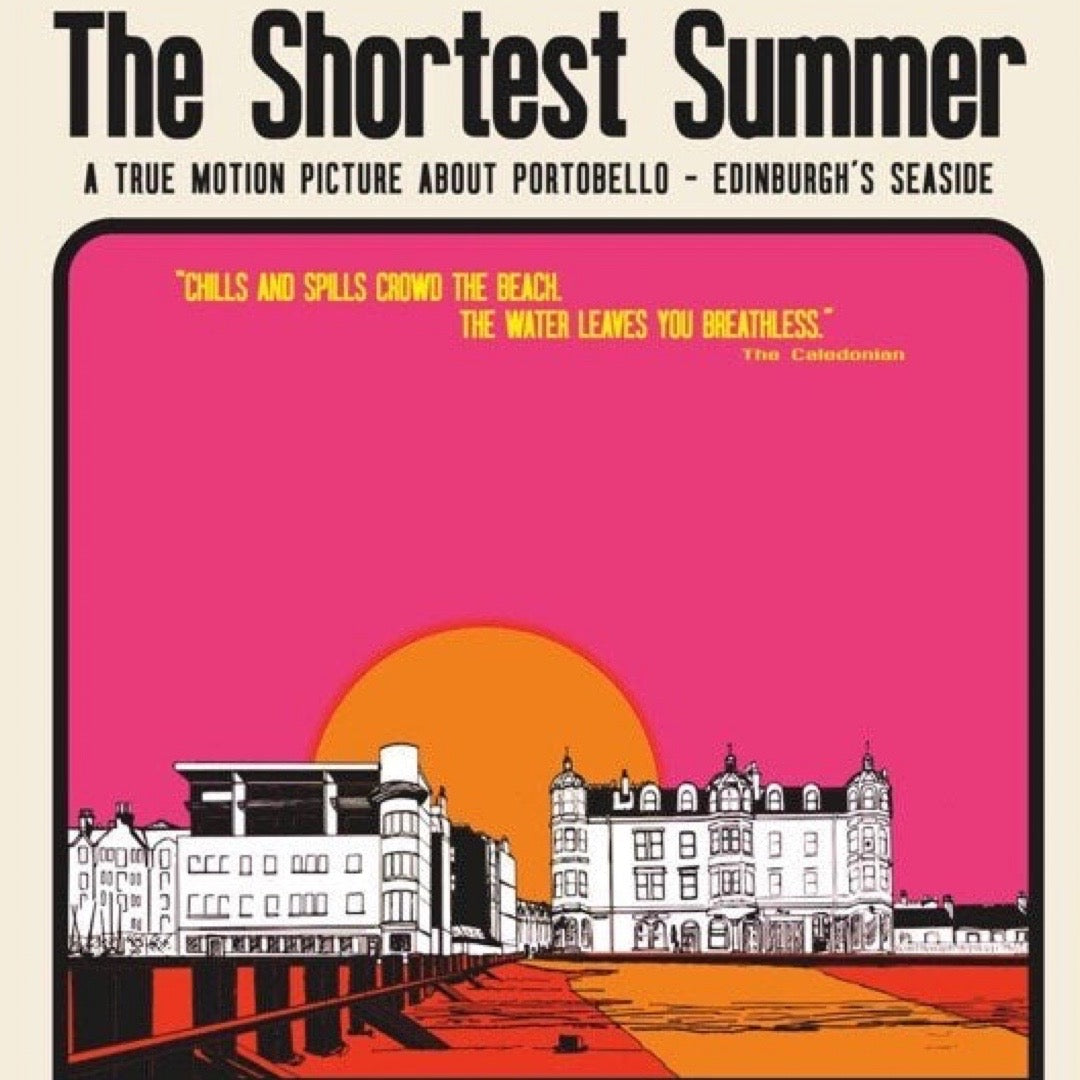 This print features a movie poster design of Bath Street and the beach in Portobello, Edinburgh at sunset.