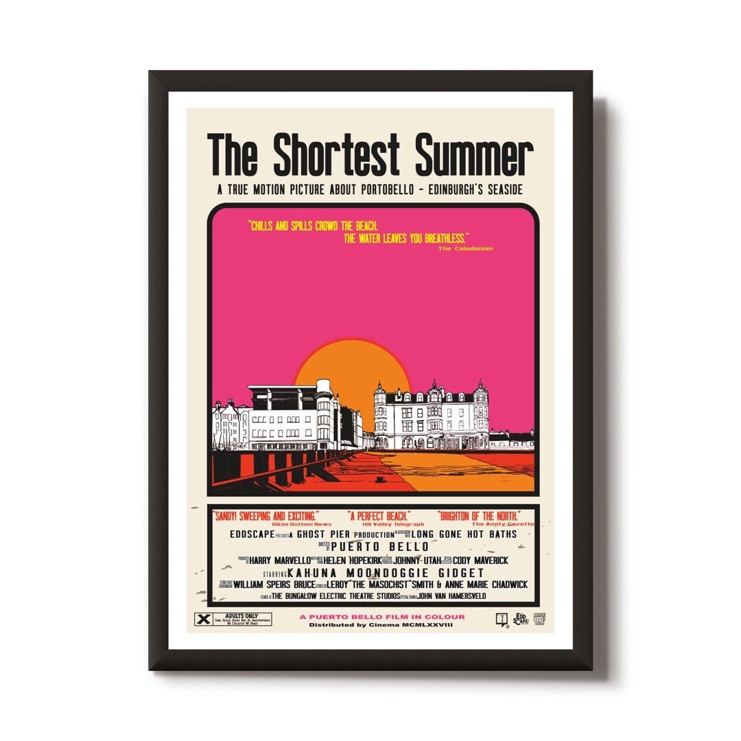 This print features a movie poster design of Bath Street and the beach in Portobello, Edinburgh at sunset.