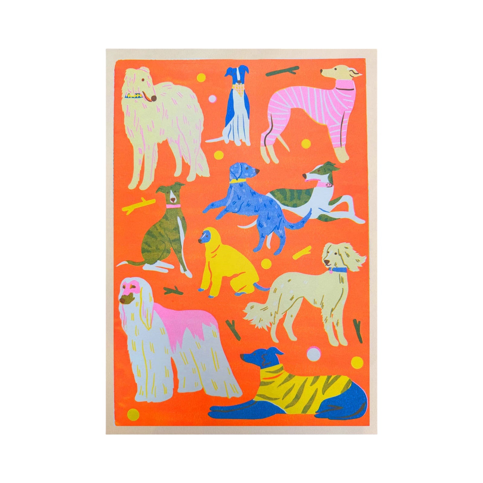 Colourful illustration of dogs on an orange background.