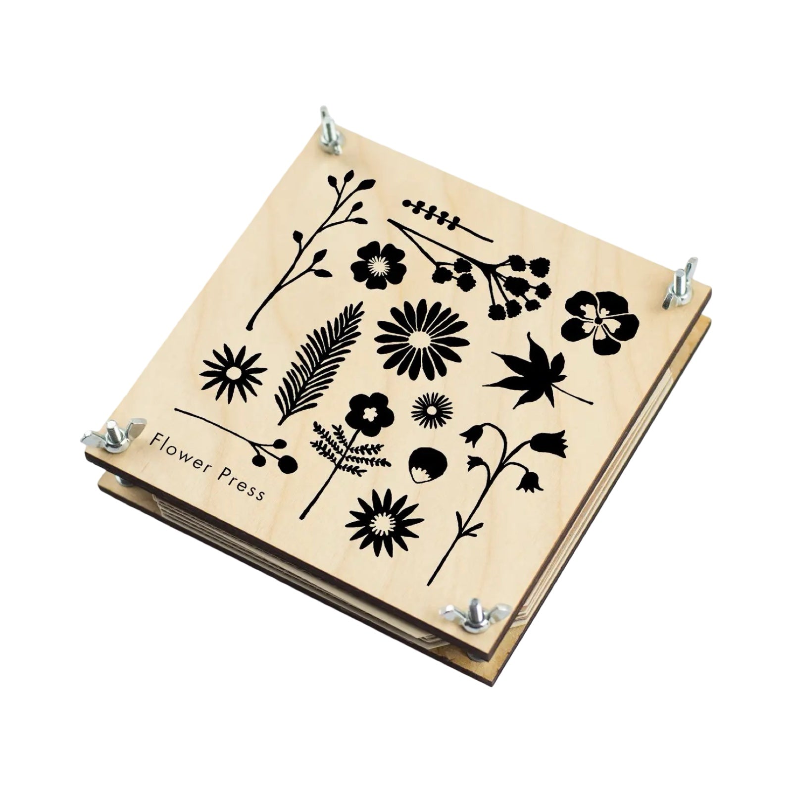 Wooden flower press with black floral designs on a white background.