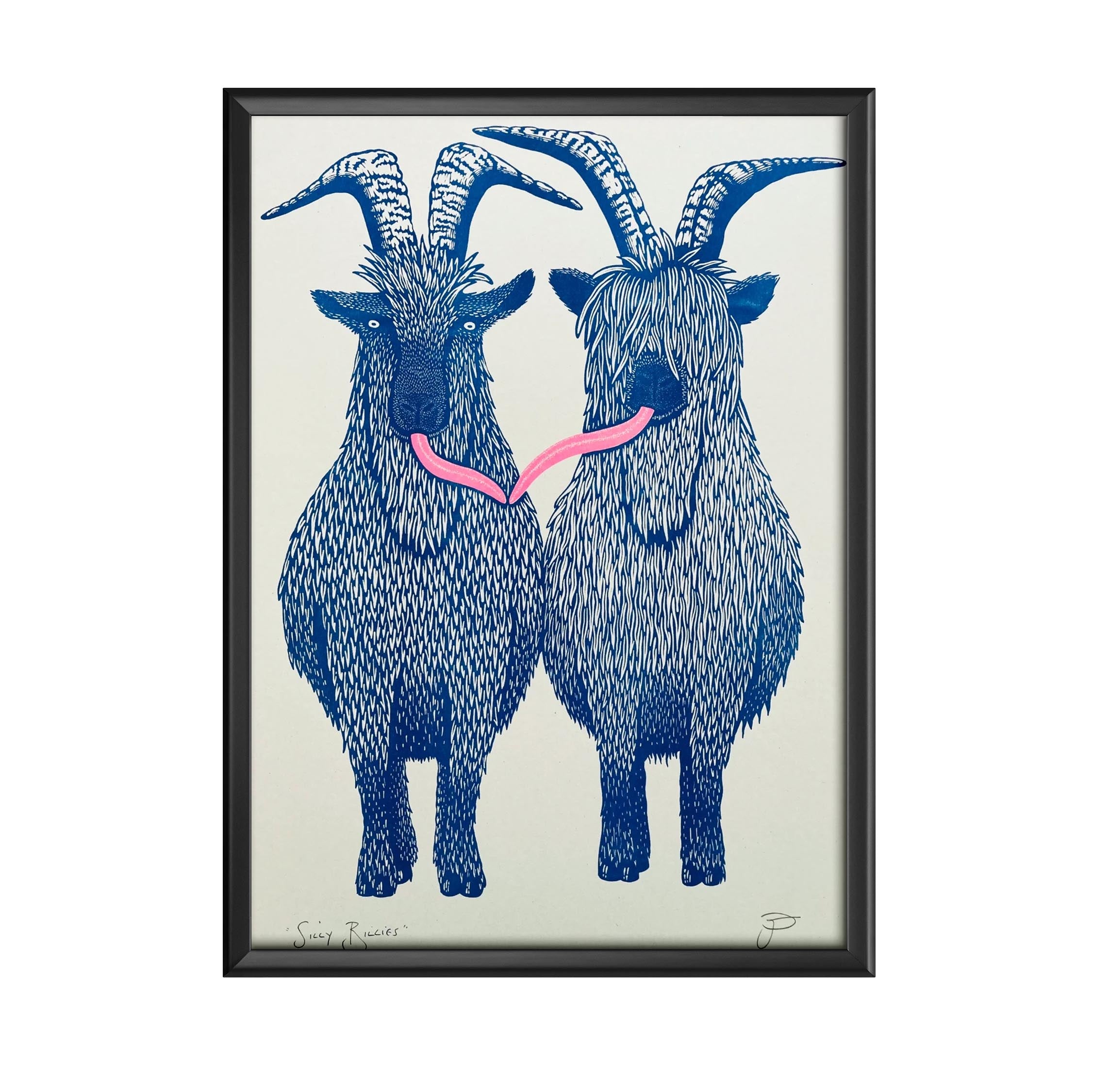A print featuring two blue billy goats with their pink tongues touching in a black picture frame.