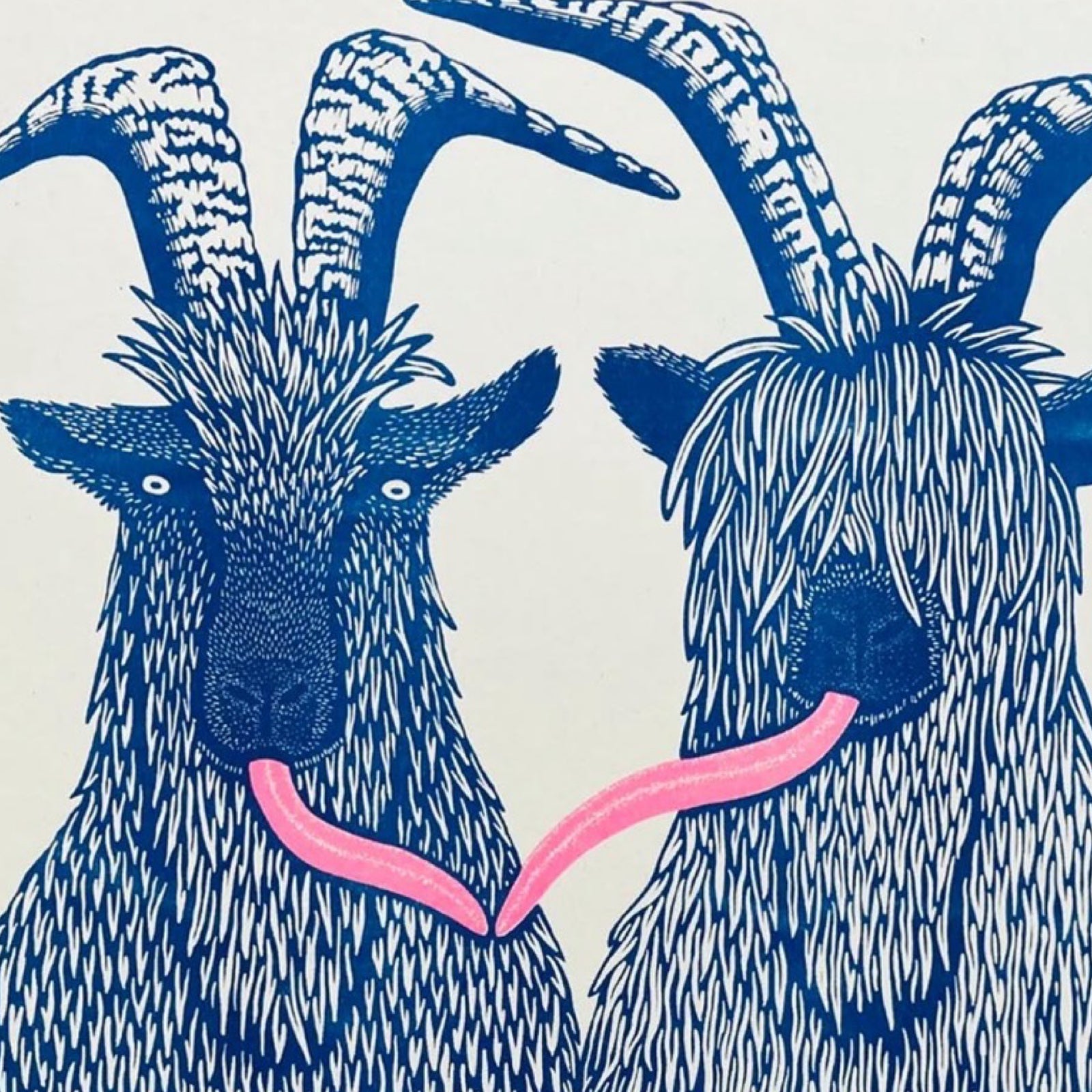 A print featuring two blue billy goats with their pink tongues touching.