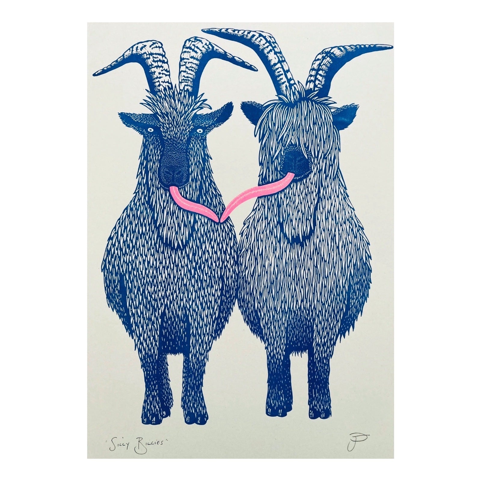 A print featuring two blue billy goats with their pink tongues touching.