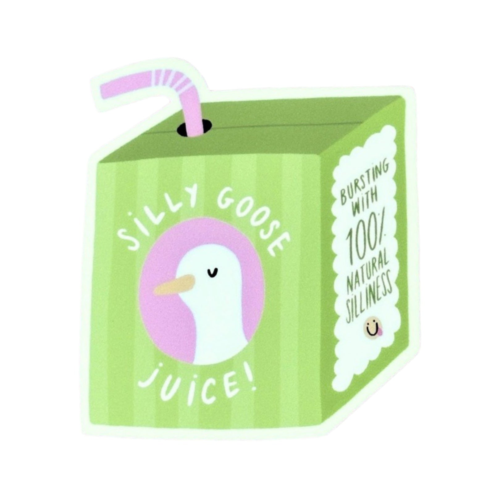Sticker carton of 'Silly Goose Juice' with a cartoon goose on a white background.
