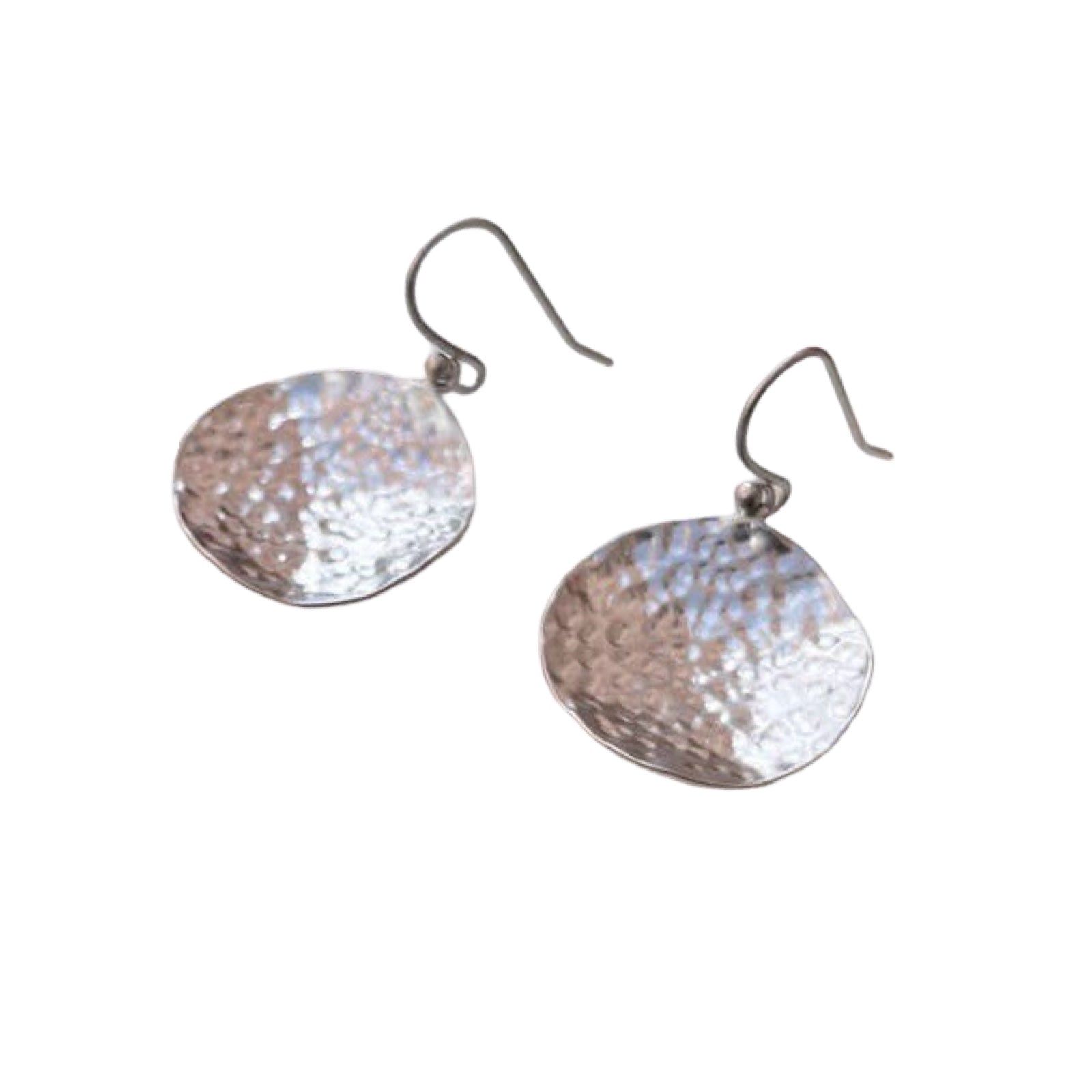 Silver round textured earrings on a white background.