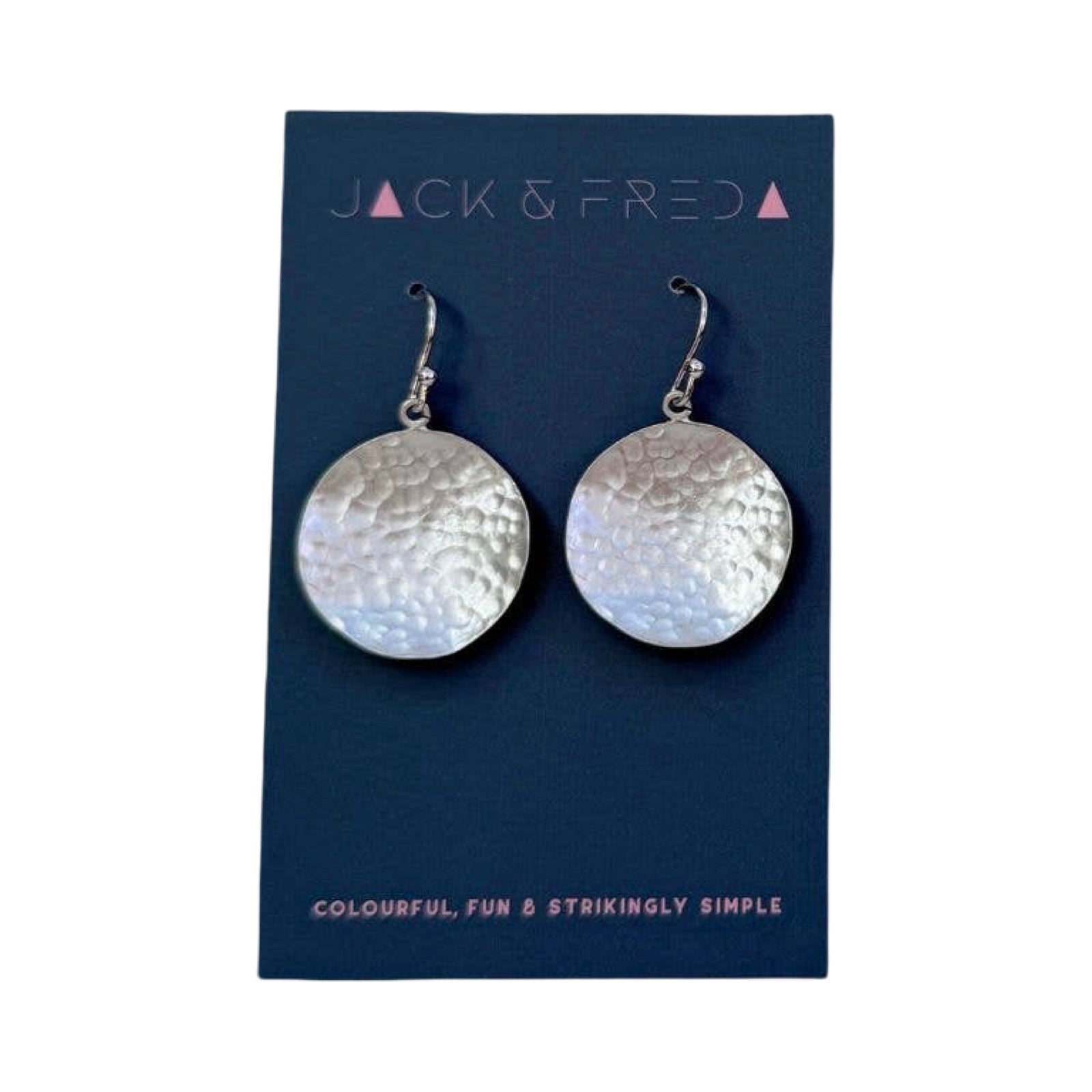 Silver round earrings on a Jack & Fred branded card.