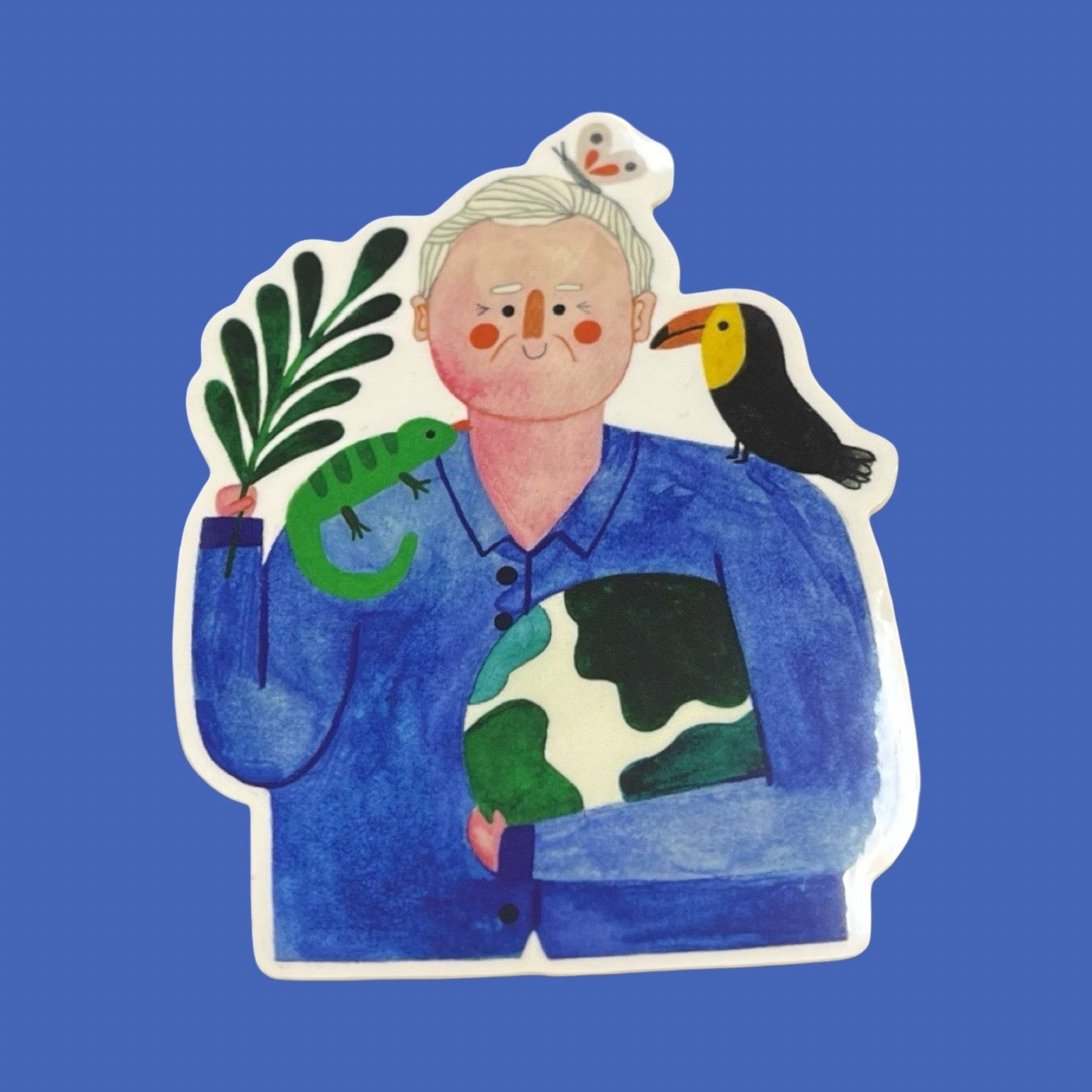 Illustration of David Attenborough with a blue jacket holding a plant and the world, with animals on his shoulders on a blue background.
