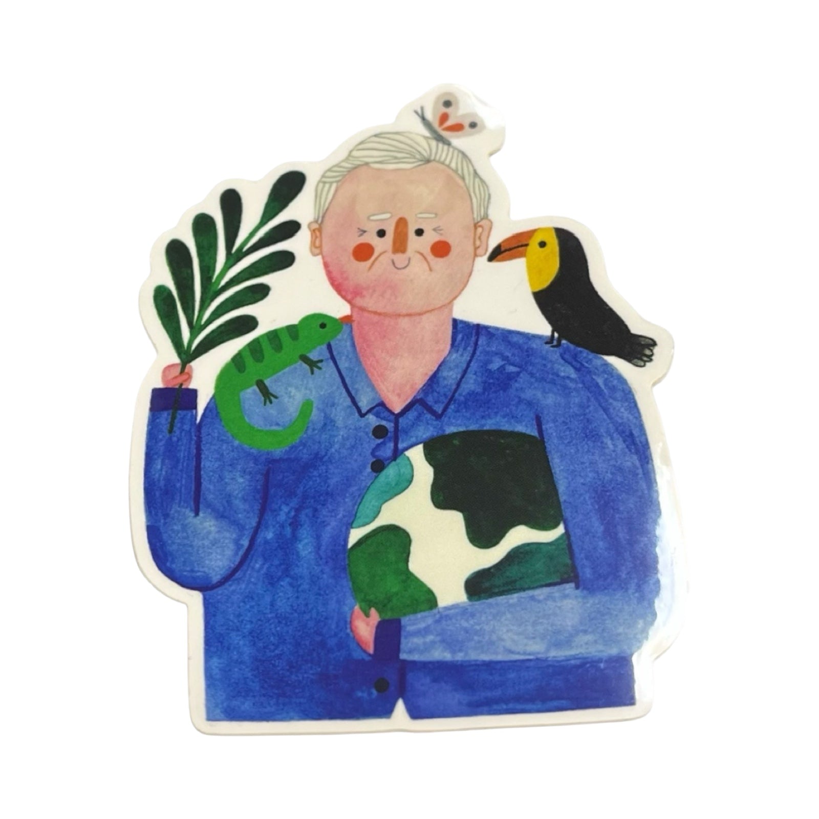 This vinyl sticker features an illustration of  Sir David Attenborough holding a fern in one hand and hugging a globe with the other. He has a toucan on one shoulder and a chameleon on the other.