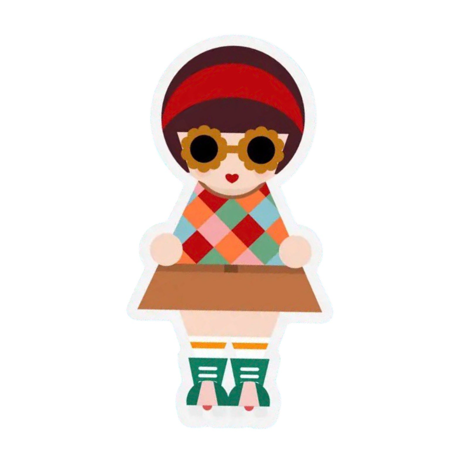 Cartoon character with a colorful outfit and sunglasses holding a box on a white background.