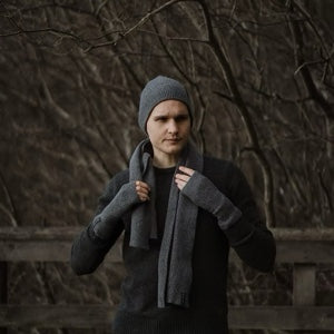 Ribbed woollen wrist warmers knitted using 100% slate grey British lambswool.