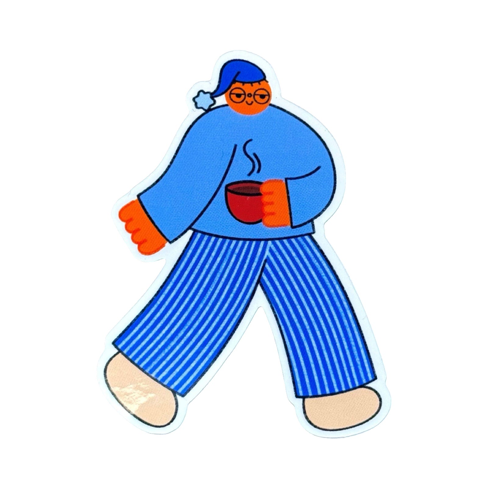 Illustration of a person wearing blue pajamas holding a red cup on a white background.
