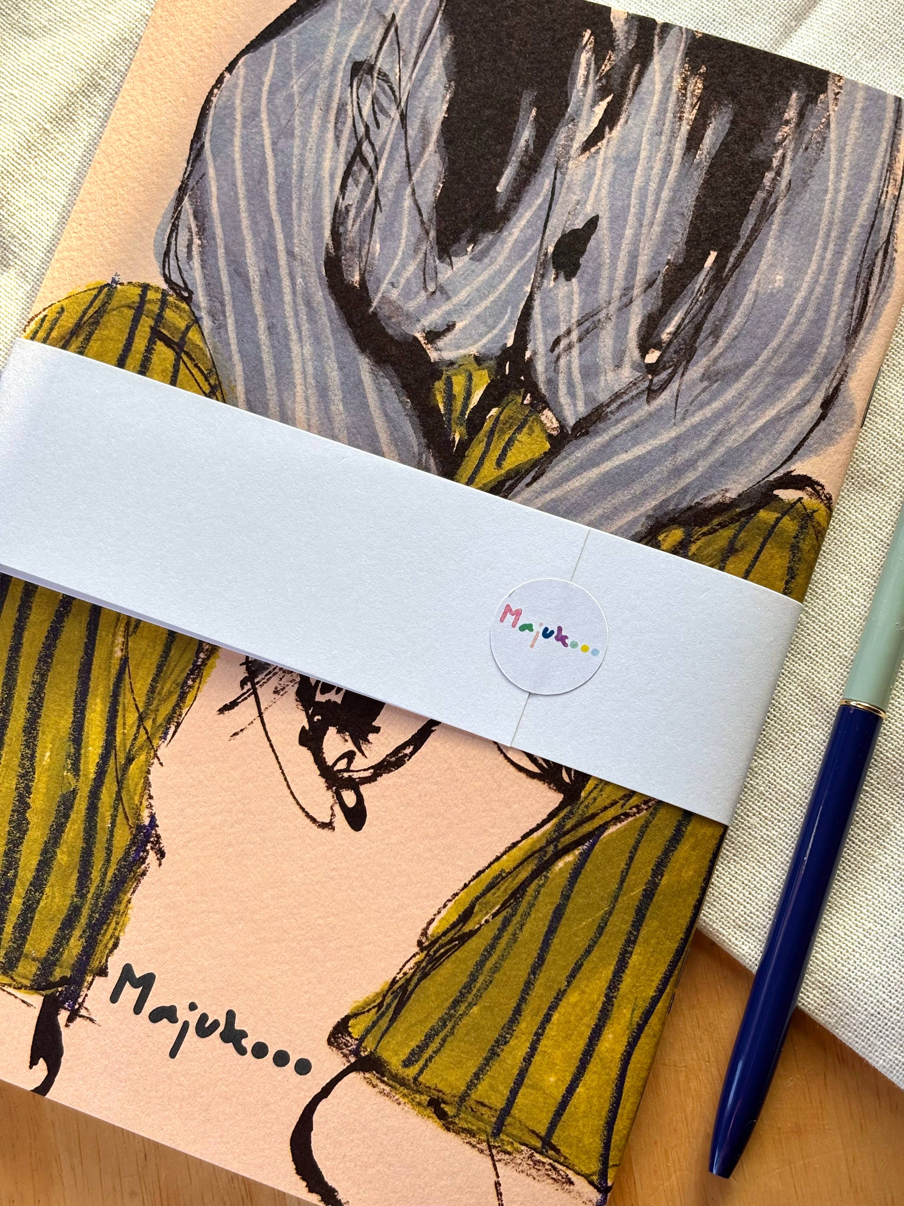 Artistic depiction of a person with a striped shirt and green trousers on a textured surface, with a pen visible.