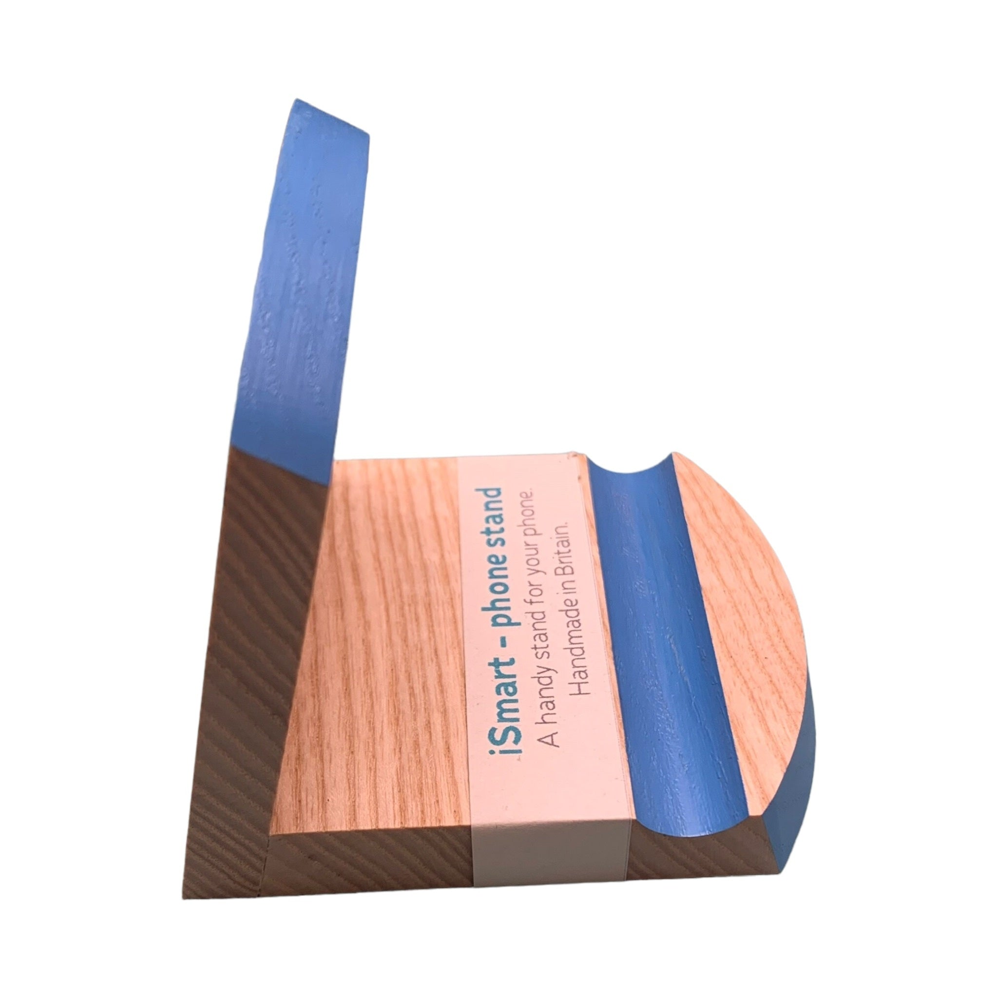 Wooden smart phone stand with a blue top edge and groove.
