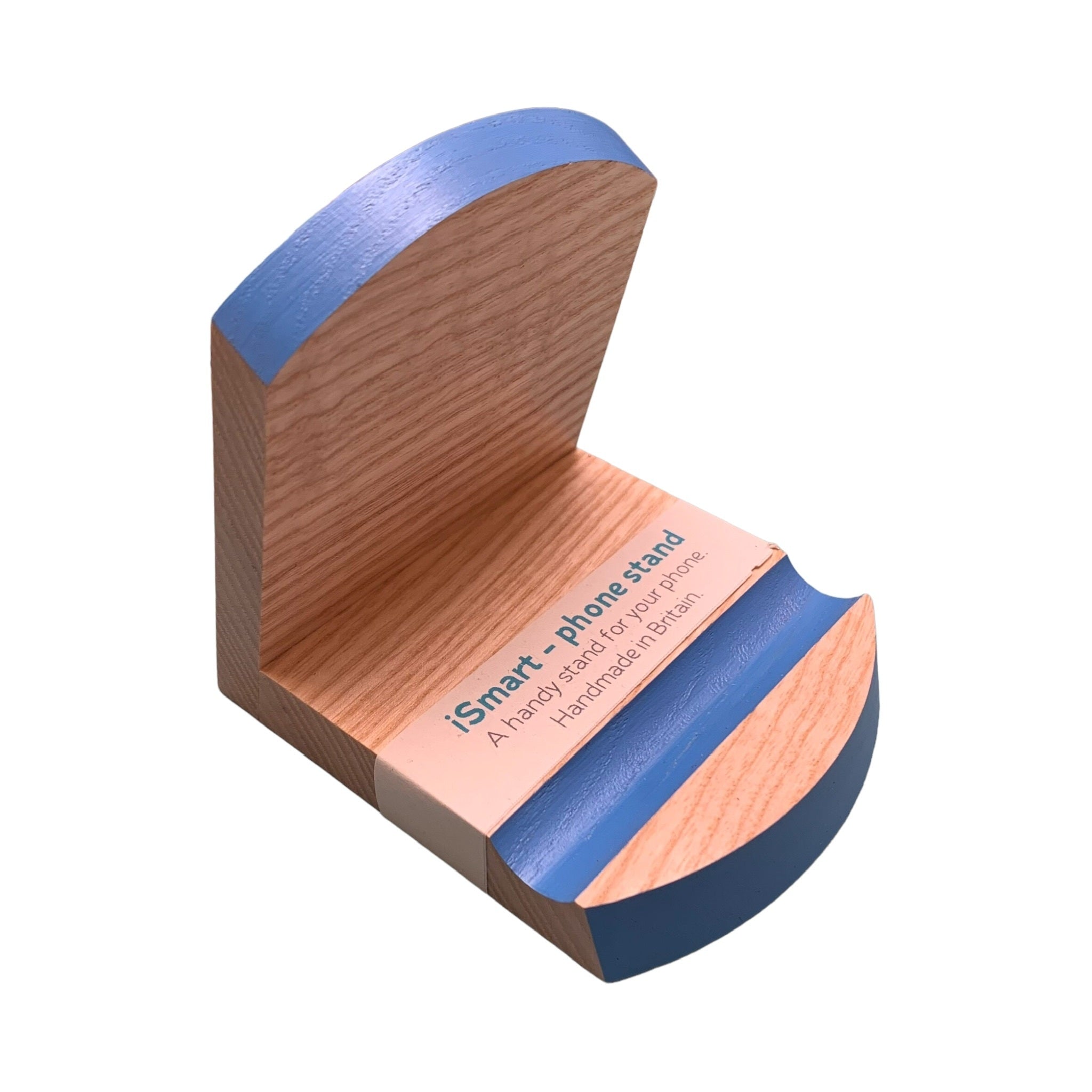 Wooden smart phone stand with a blue top edge and groove.