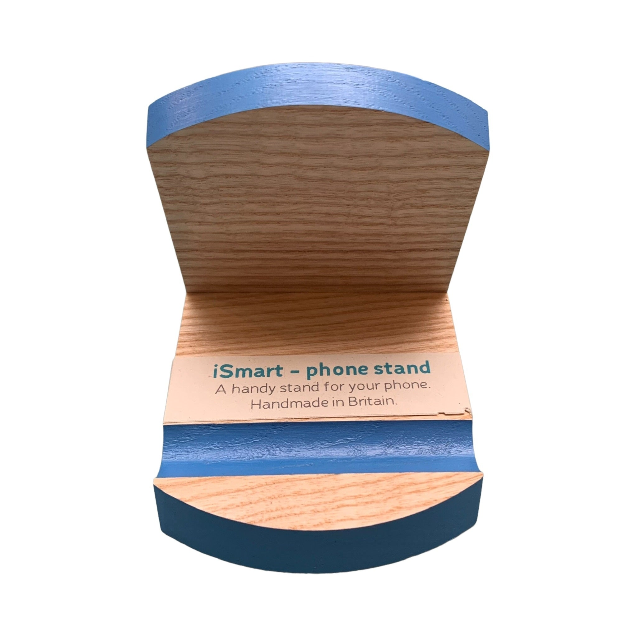 Wooden smart phone stand with a blue top edge and groove.
