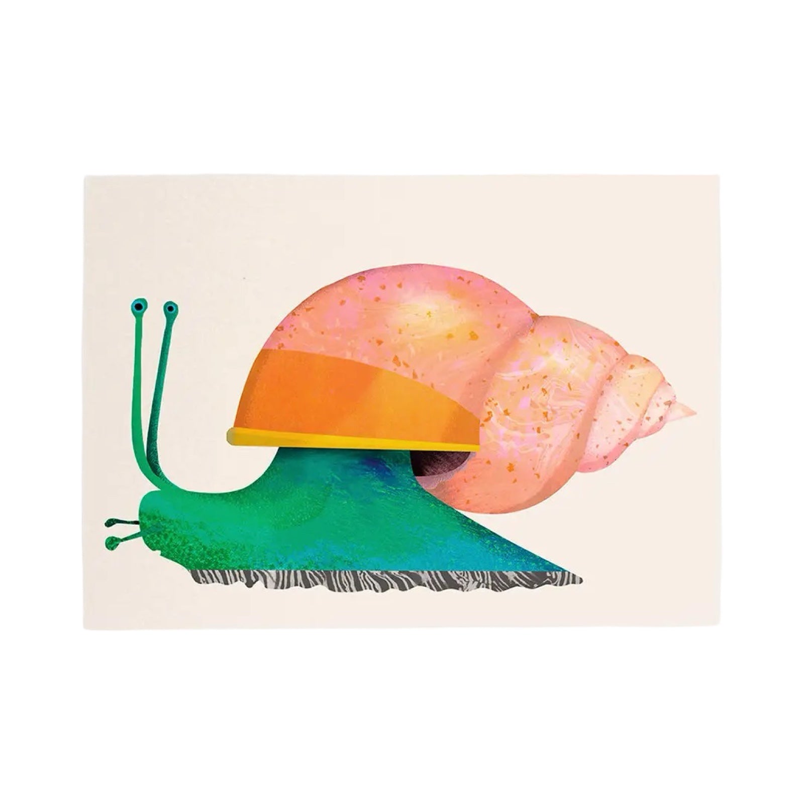 Green snail postcard with an orange and pink shell on a white background.