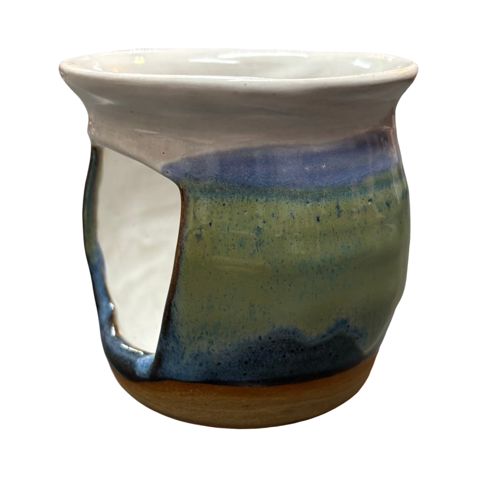 Ceramic oil burner with multicoloured glaze on a white background.