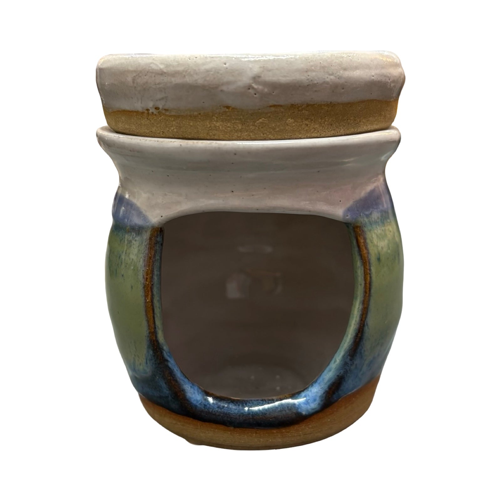Ceramic oil burner with a lid on a white background.