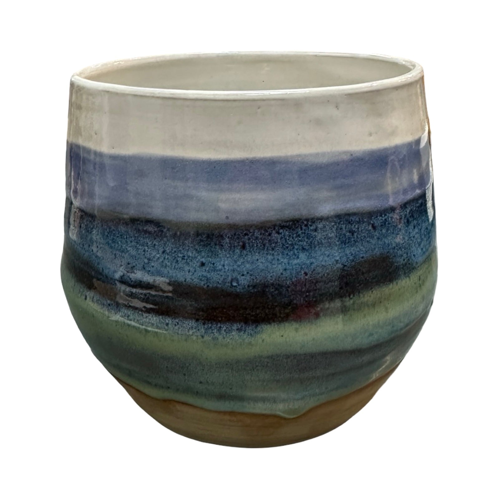 Ceramic plant pot with blue and green striped design on a white background.