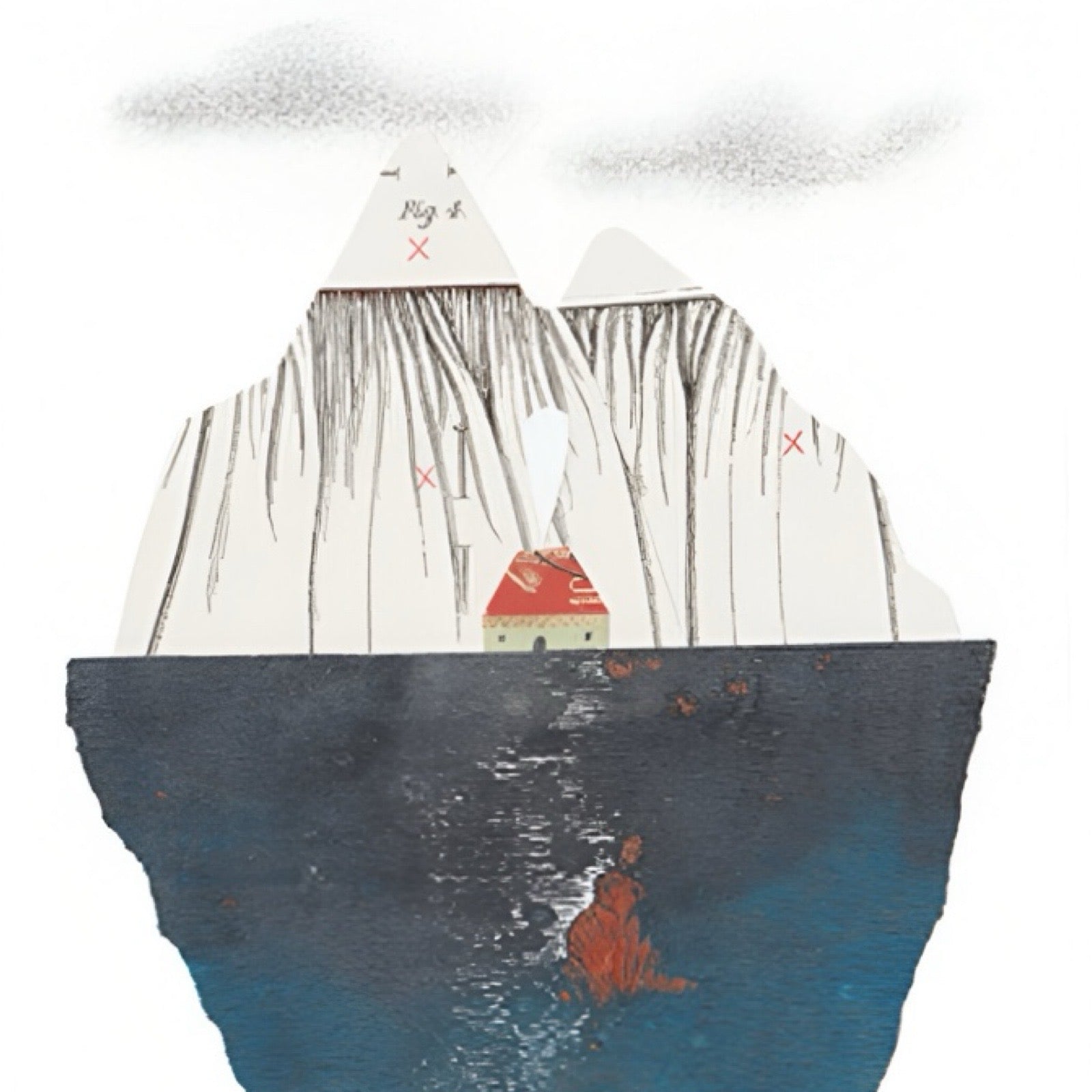 This print features an illustration of a cottage with a red roof at the base of a snowcapped mountain with the sea below.