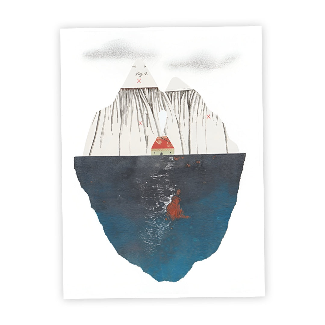 This print features an illustration of a cottage with a red roof at the base of a snowcapped mountain with the sea below.