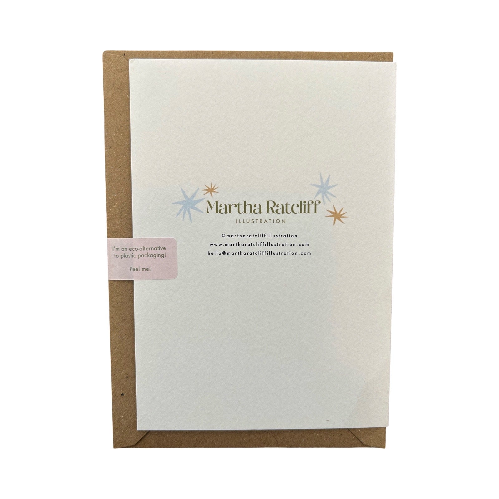 Back of card with Martha Ratcliff text and blue and gold stars.