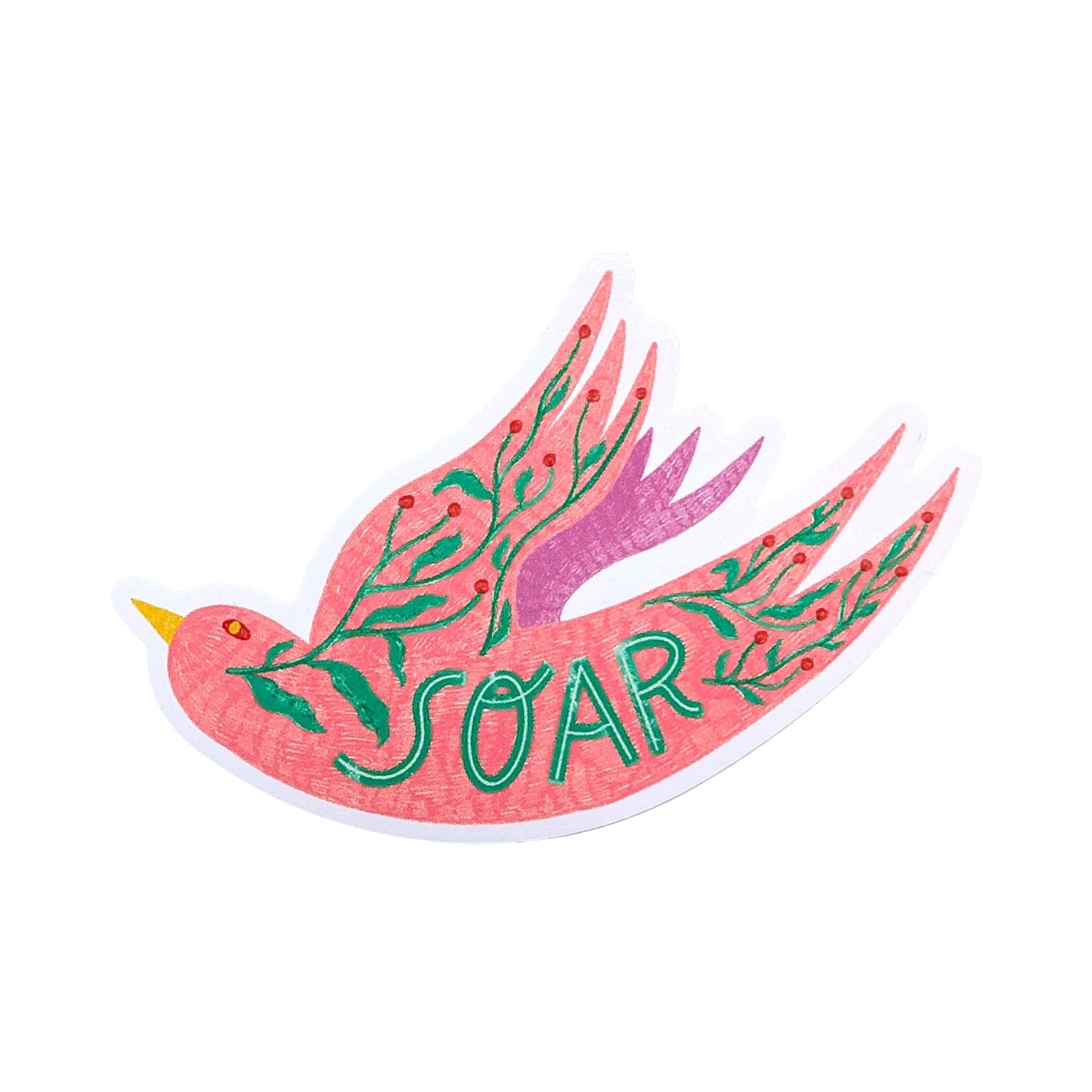 Decorative sticker with a pink dove and the word 'SOAR' on a white background.