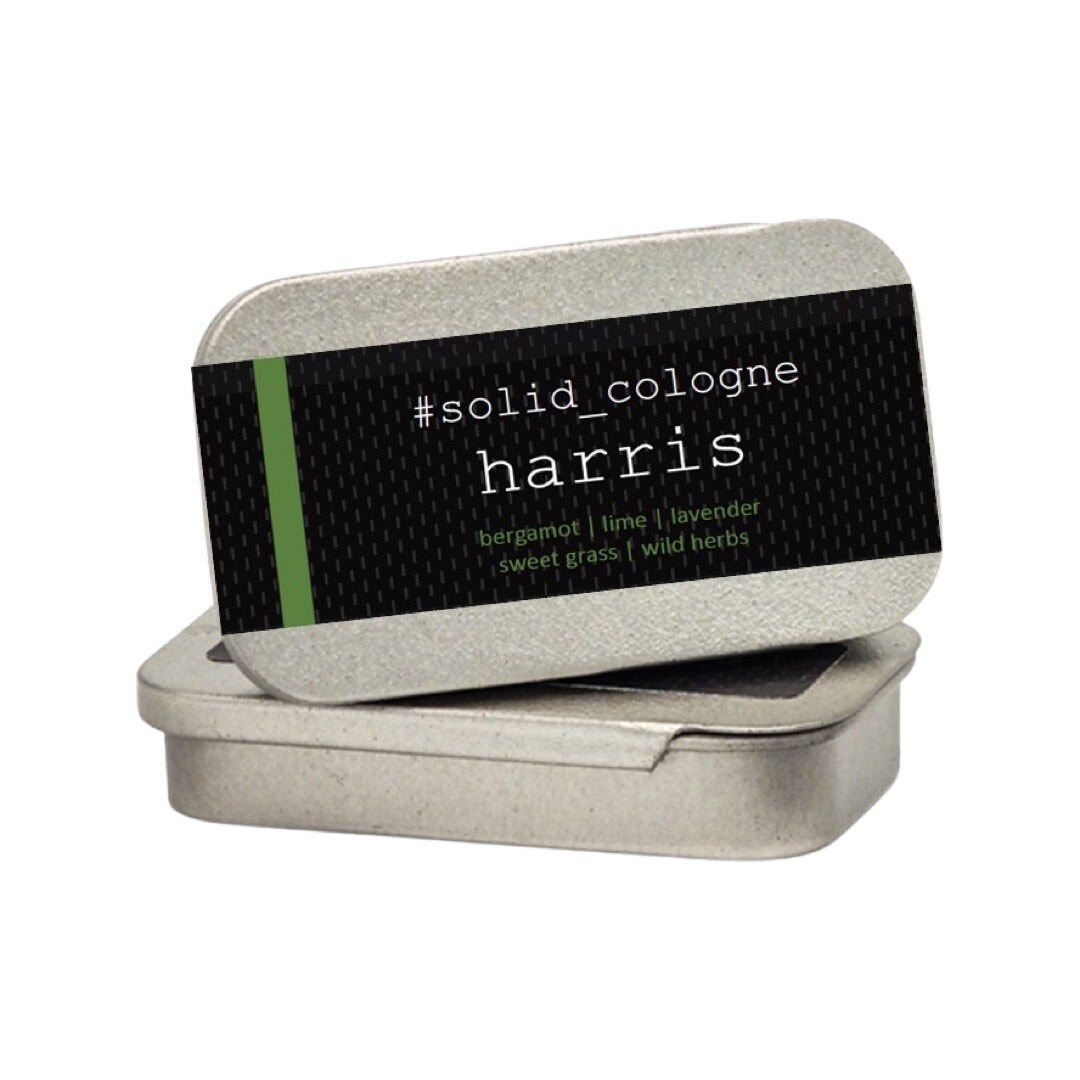 Small silver tin of 'Harris' scented solid cologne.
