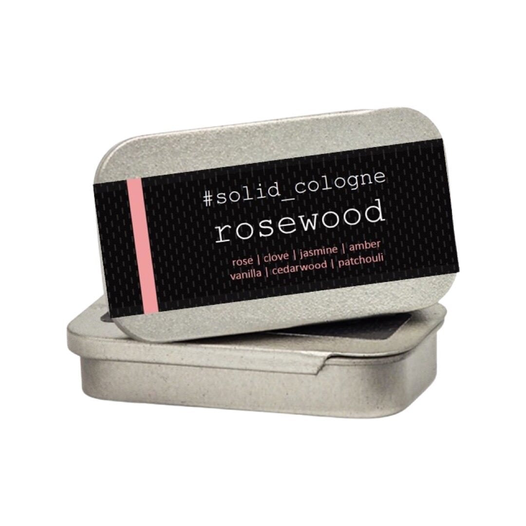 Small silver tin of 'rosewood' scented solid cologne.