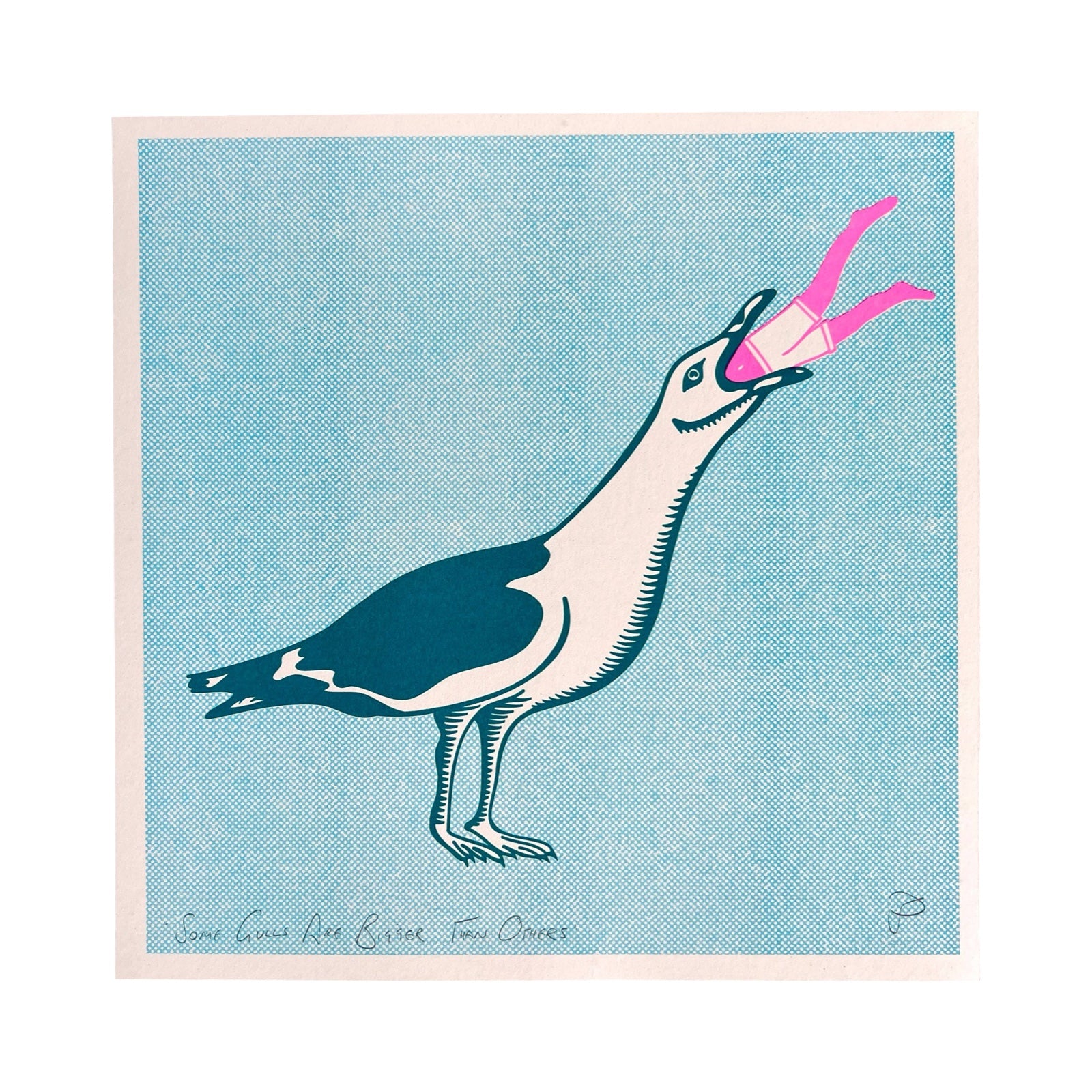 Seagull holding a pink human against a blue background.