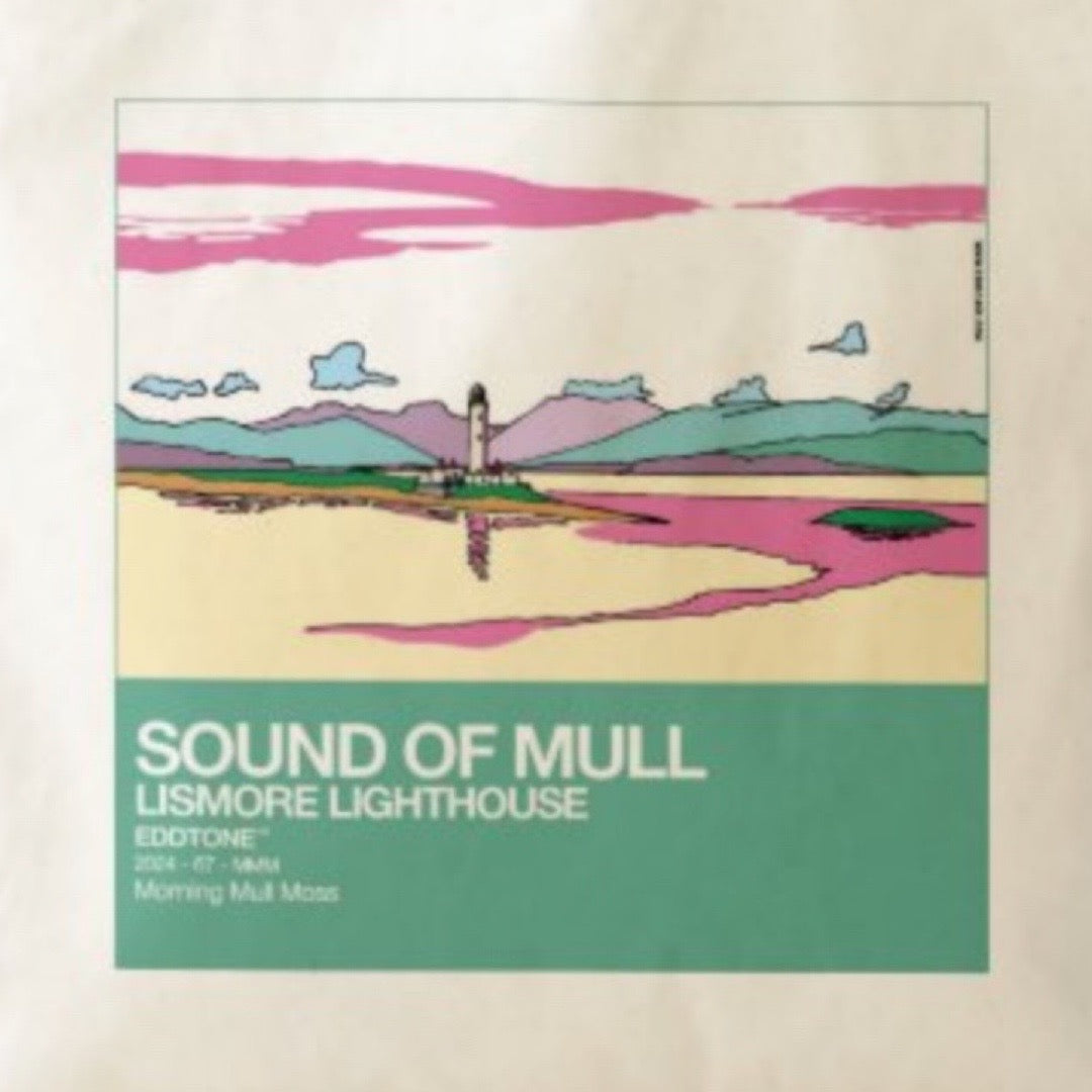 This is a tote bag with a square design featuring an illustration of the Sound Of Mull, with Lismore Lighthouse, Scotland.