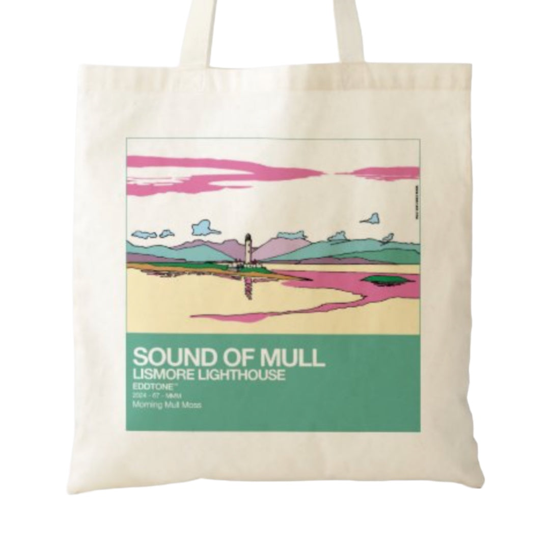 This is a tote bag with a square design featuring an illustration of the Sound Of Mull, with Lismore Lighthouse, Scotland.