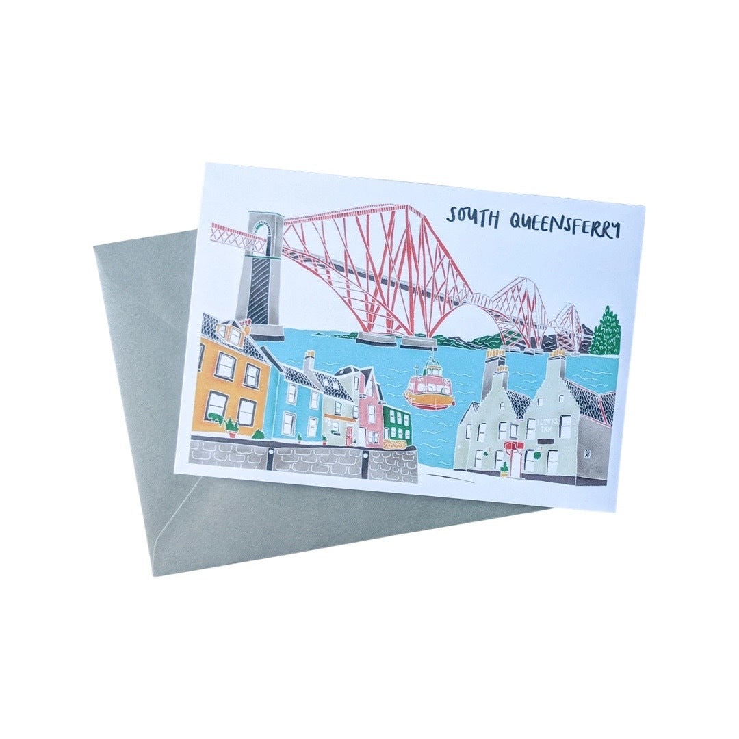 Edinburgh card featuring an illustration of the South Queensferry and the Forth Rail Bridge.