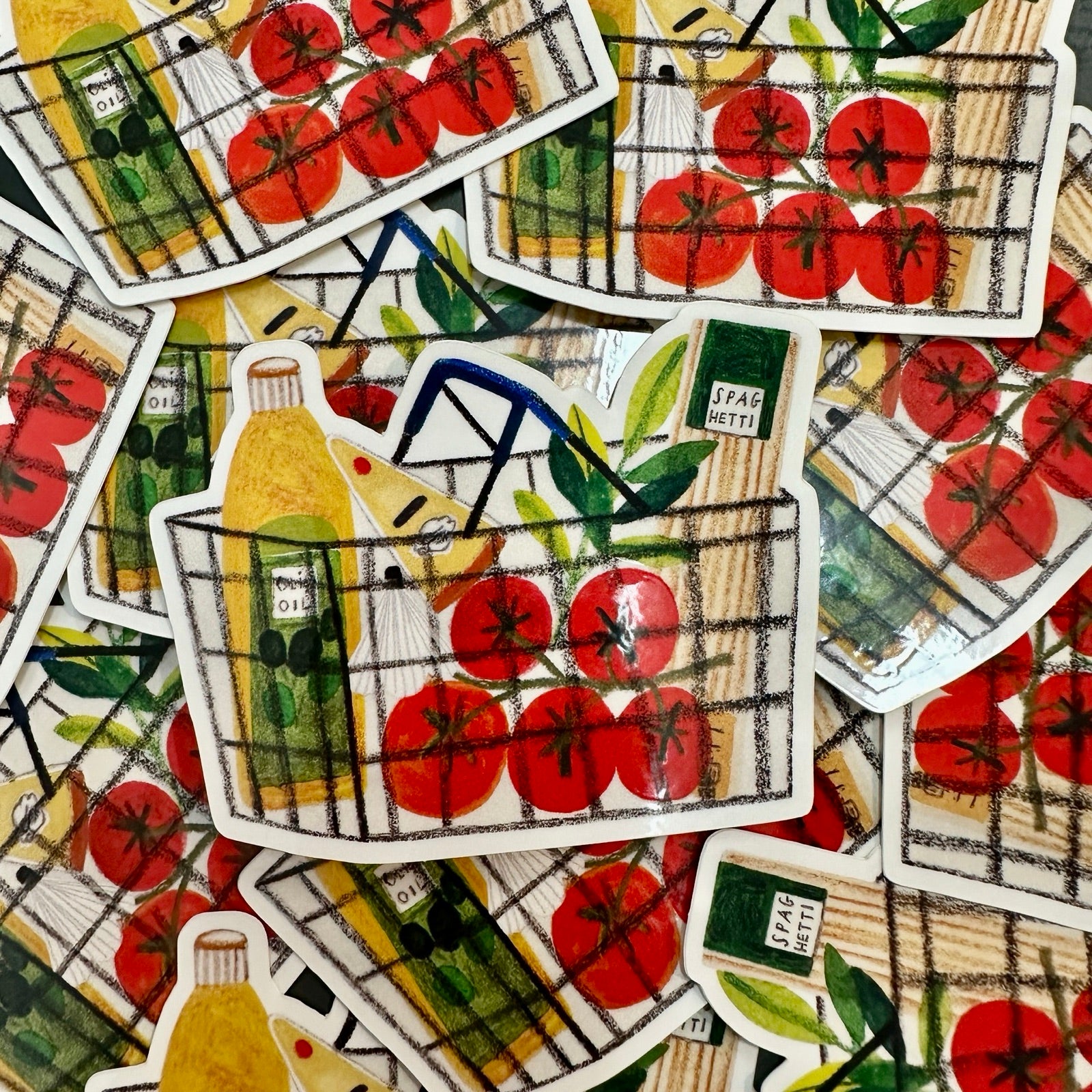 A vinyl sticker of a shopping basket filled with the ingredients to make a delicious bowl of spaghetti.