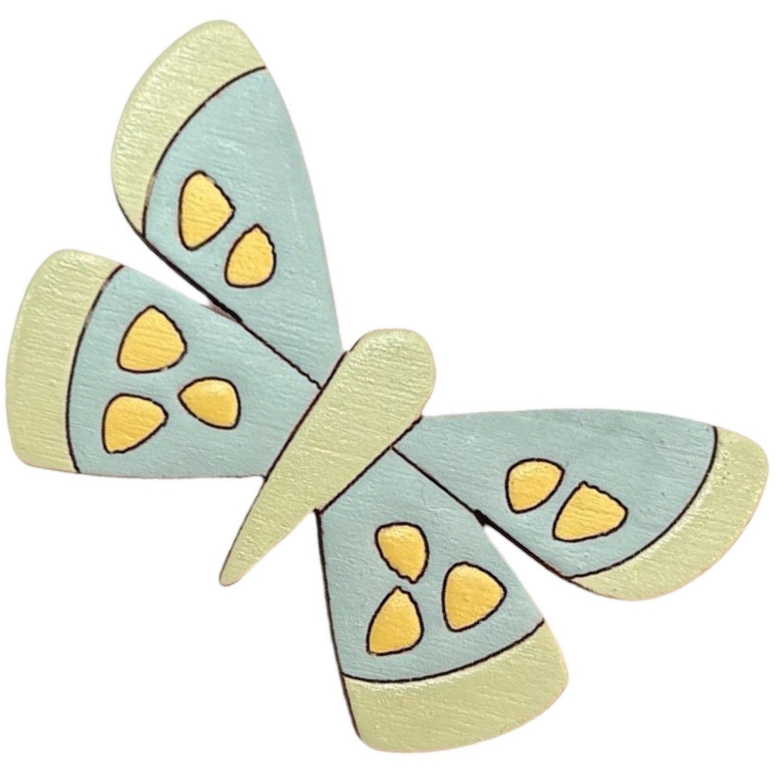 Wooden butterfly brooch with light blue wings and yellow spots on a white background.