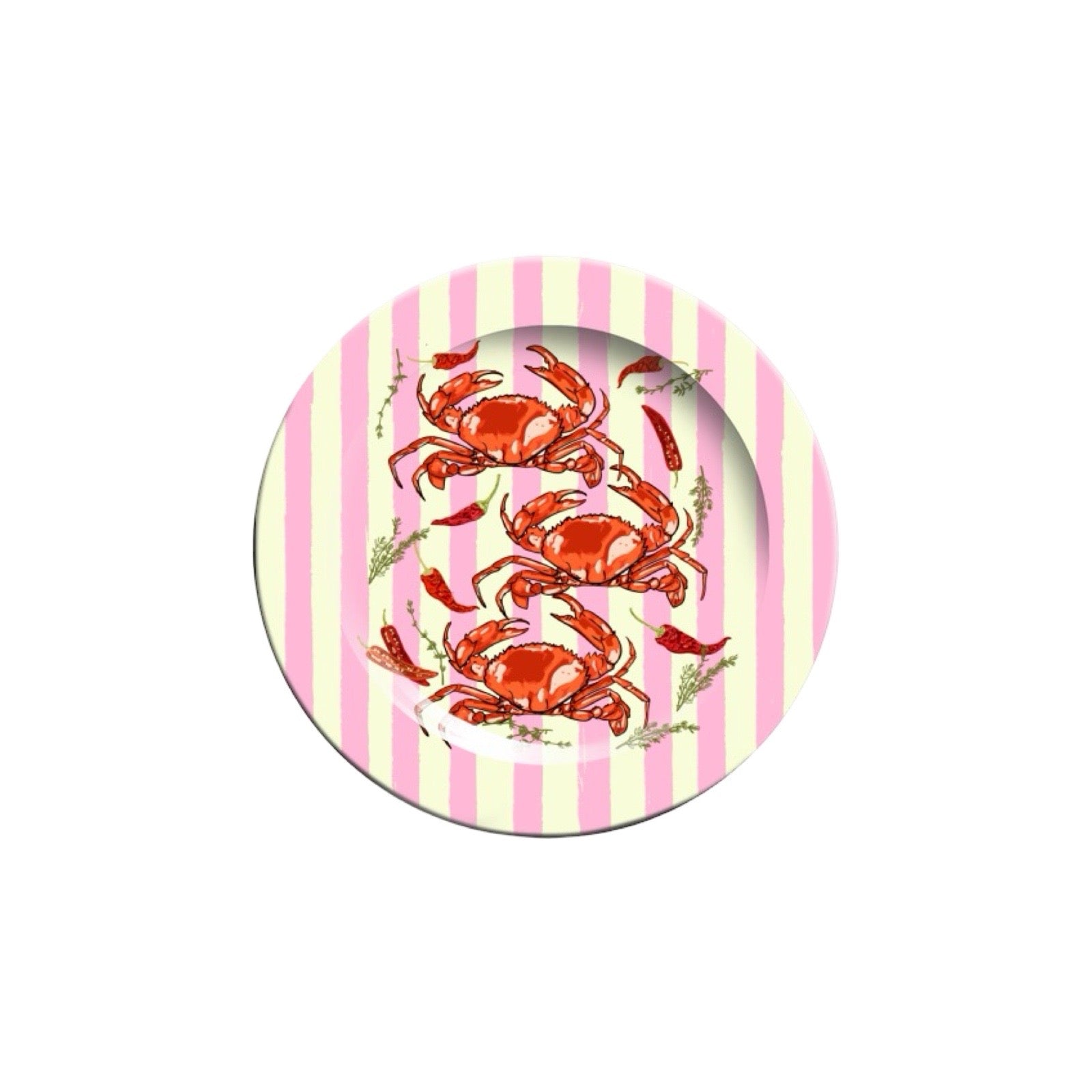 Round ceramic plate with red crab design on a pink and white striped background.