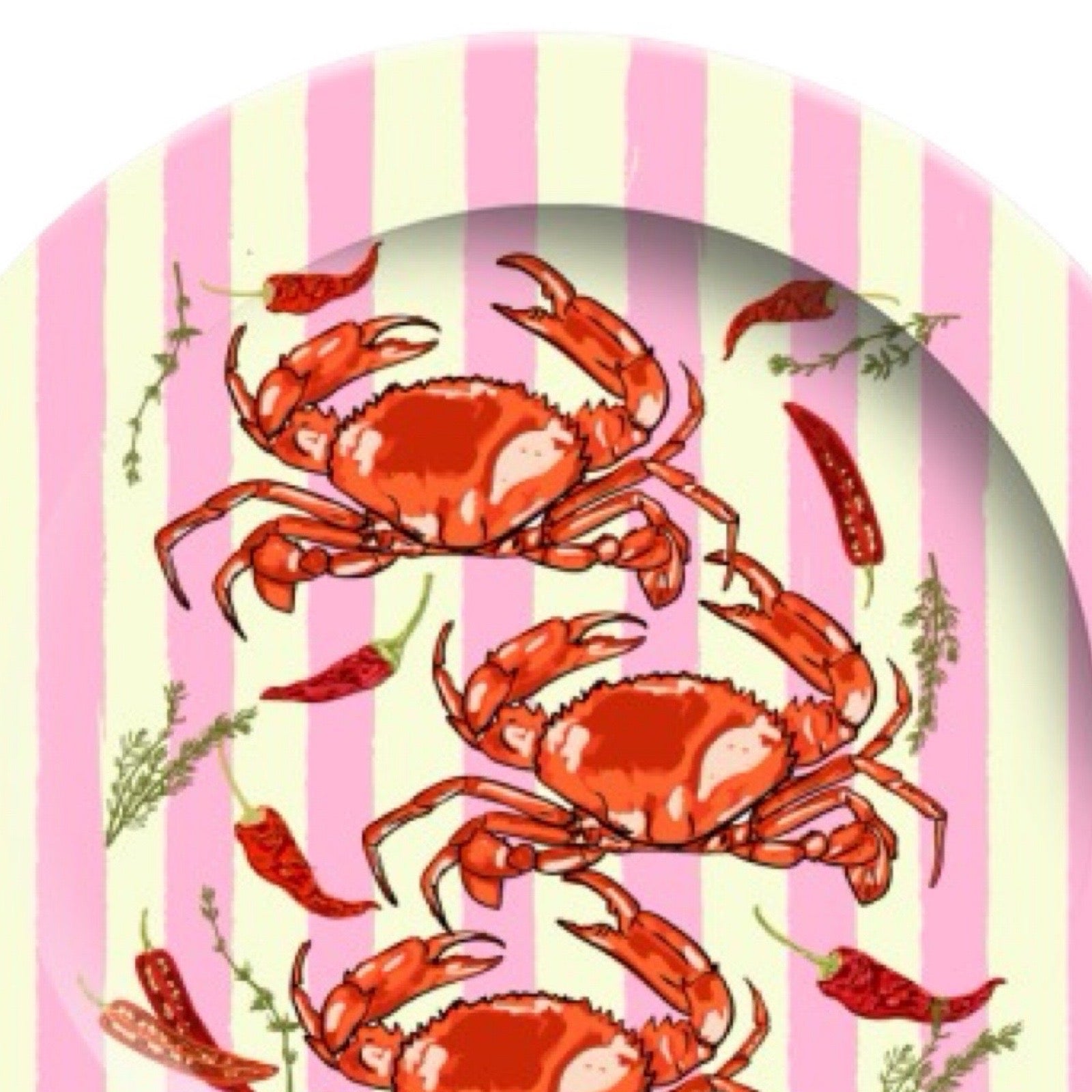 Decorative plate with red crabs and pink stripes.