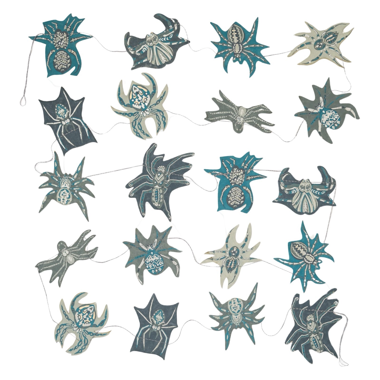 A spider paper garland with 20 screen printed spiders.