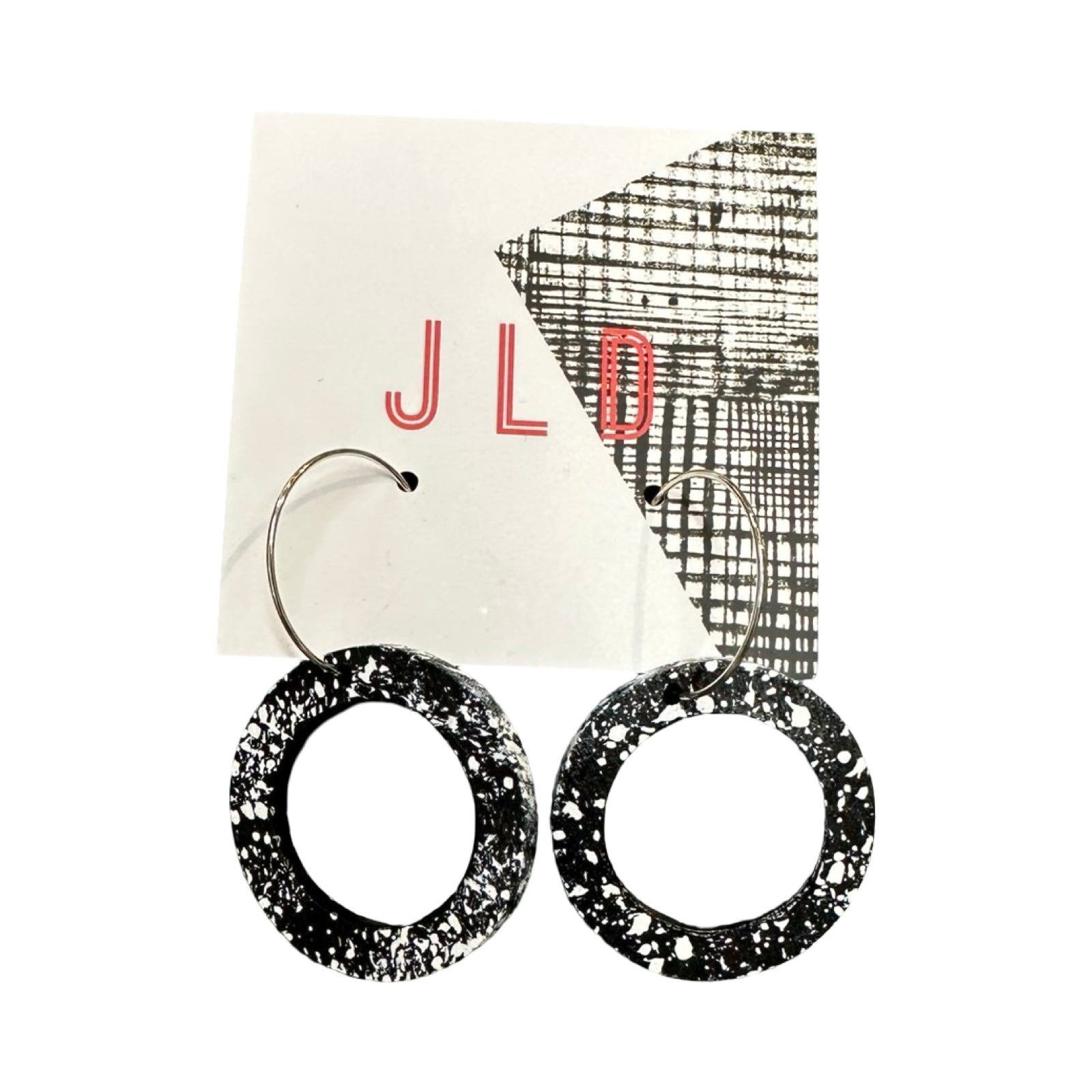 Black circular earrings on a JLD branded card with a white background.