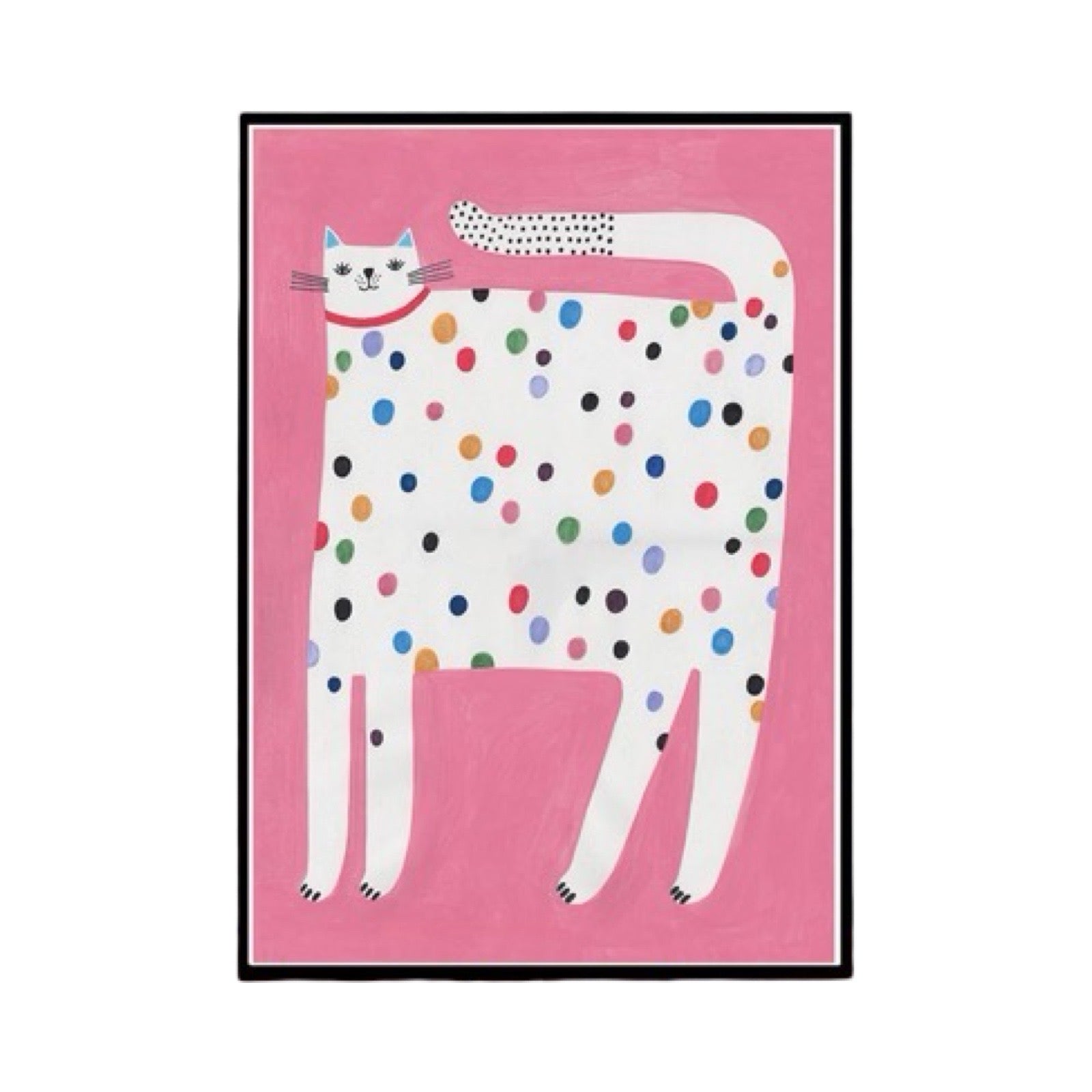 This art print features a giant white cat with colourful dots on a bright pink background.